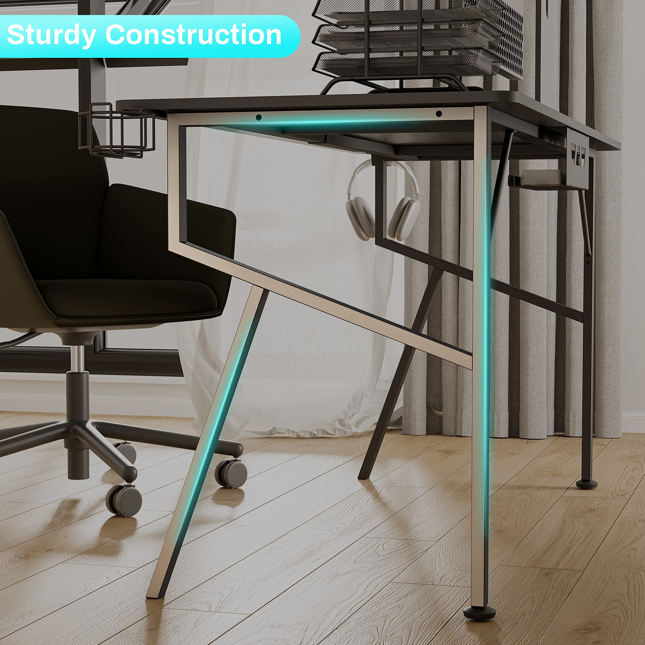 EUREKA ERGONOMIC 55 Inch Gaming Desk - Professional Gamer Workstation with Cable Management Tray, Controller Stand, Cup Holder & Headphone Hook - Black | Perfect for PC Gaming Setup, Streaming & Home Office Workstation