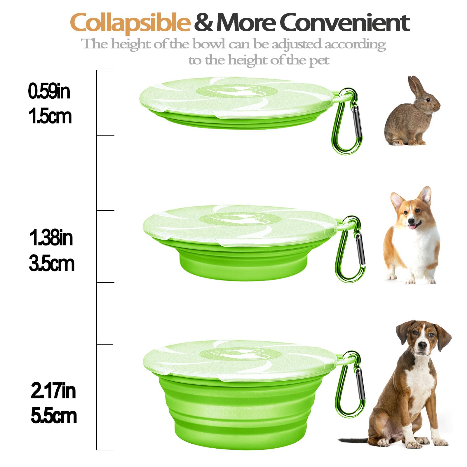 Collapsible Dog Bowl - Portable Silicone Pet Food & Water Dish with Lid & Carabiner for Dogs & Cats, 15oz Travel-Friendly Collapsible Bowl for Hiking, Camping, Travel - Perfect for Outdoor Adventures & Daily Walks (Green)