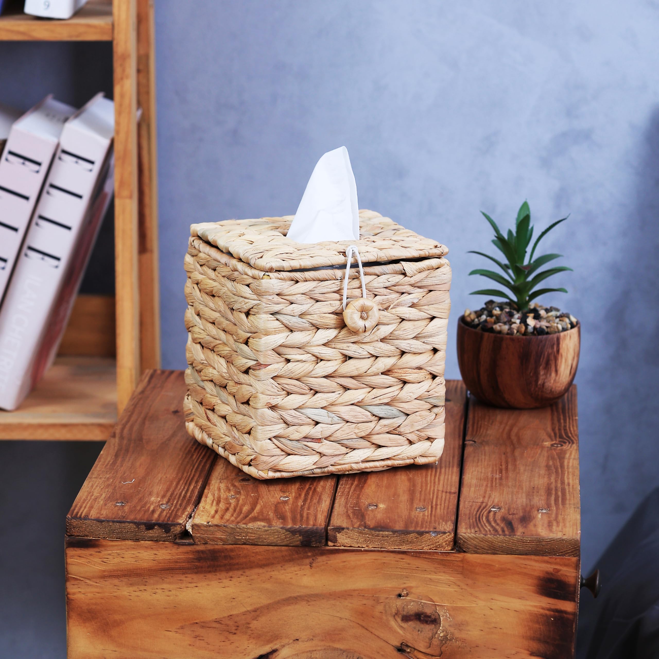 Rattan Wicker Tissue Box Cover with Flip-Open Top - Square Boho Decorative Woven Facial Tissue Holder for Bathroom, Living Room, Bedroom & Office Desk Organizer