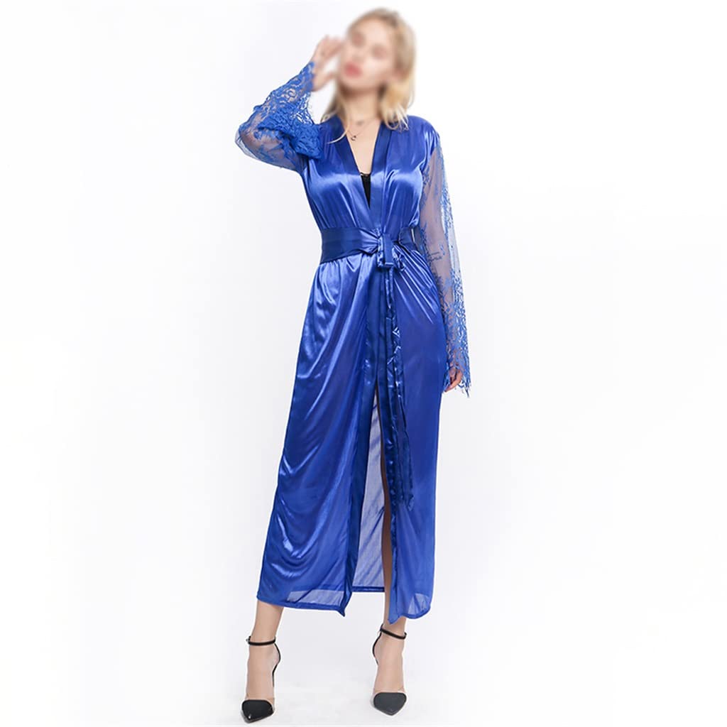 Elegant Women's Lace Patchwork Long Silk Bathrobe - Soft Dressing Gown & Nightgown for Spa, Sleepwear, and Relaxation at Home (Color: A, Size: M)