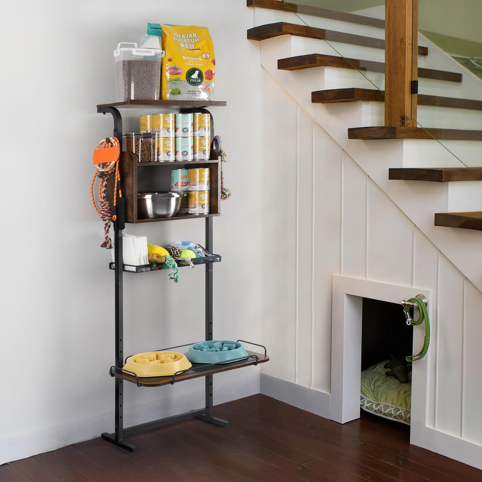 **Adjustable Elevated Dog Bowls Stand with Storage Organizer - 7 Height Levels for Large, Medium, Small Dogs & Cats - Rustic Brown Wood Feeder Station - Perfect for Kitchen, Living Room & Pet Feeding Areas**