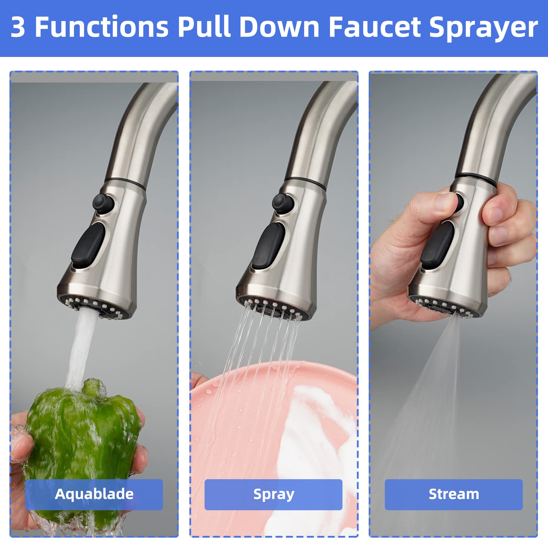 iFealClear Universal Pull Down Kitchen Faucet Head Replacement - 3 Function Anti-Splash Sprayer with 15 Adapters, Brushed Nickel Finish | Perfect for Home Kitchen Sink Upgrade & Easy Installation