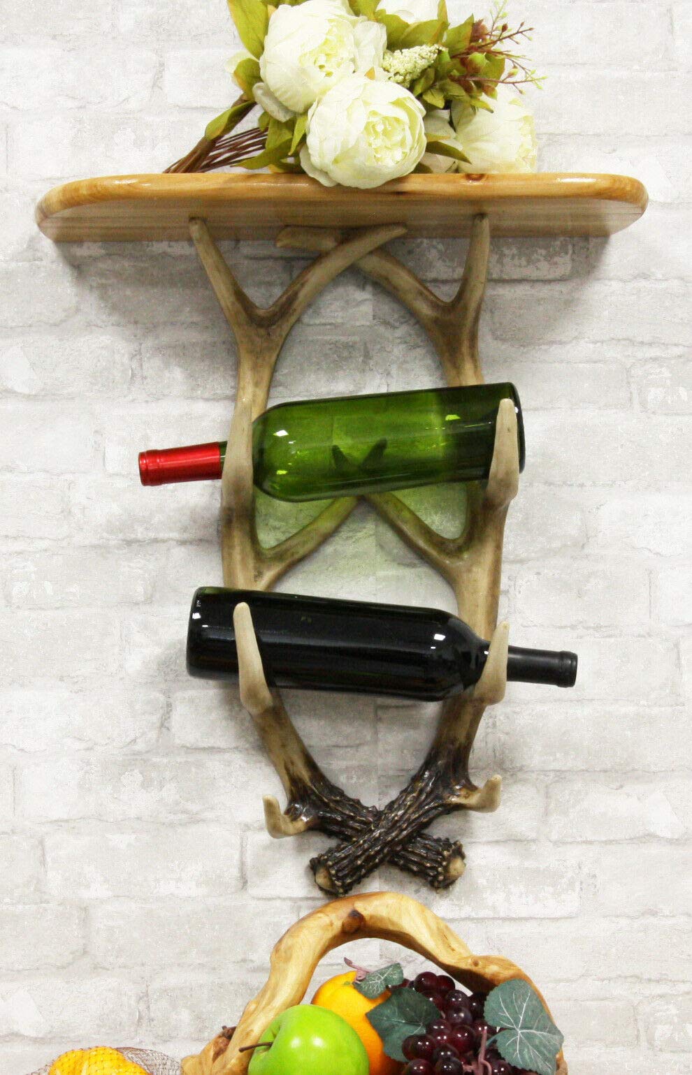 HomDEc Western Style Entwined Deer Antlers Wall Shelf - Rustic Floating Shelf with Wine Rack & Hooks for Home Decor | Perfect for Living Room, Bedroom, Kitchen Storage & Wine Display