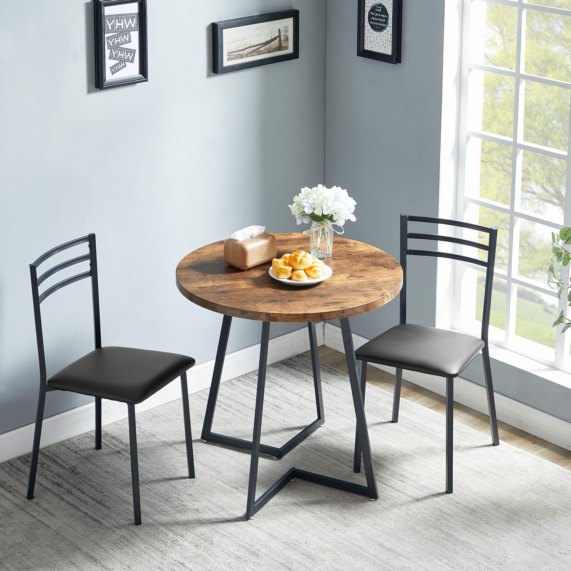 VECELO 3-Piece Round Kitchen Table Set with 2 Upholstered Chairs - Solid Wood Dining Table with Steel Frame for Breakfast Nook, Small Space & Apartment - Antique Brown Finish - Perfect for Family Meals, Coffee Time & Compact Dining Areas