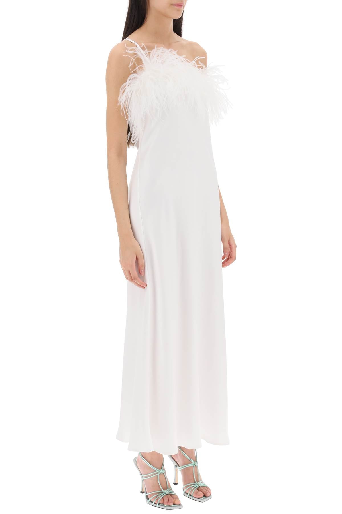 Ember Satin Maxi Dress with Feathers - Elegant Long Evening Gown for Parties, Weddings & Special Occasions