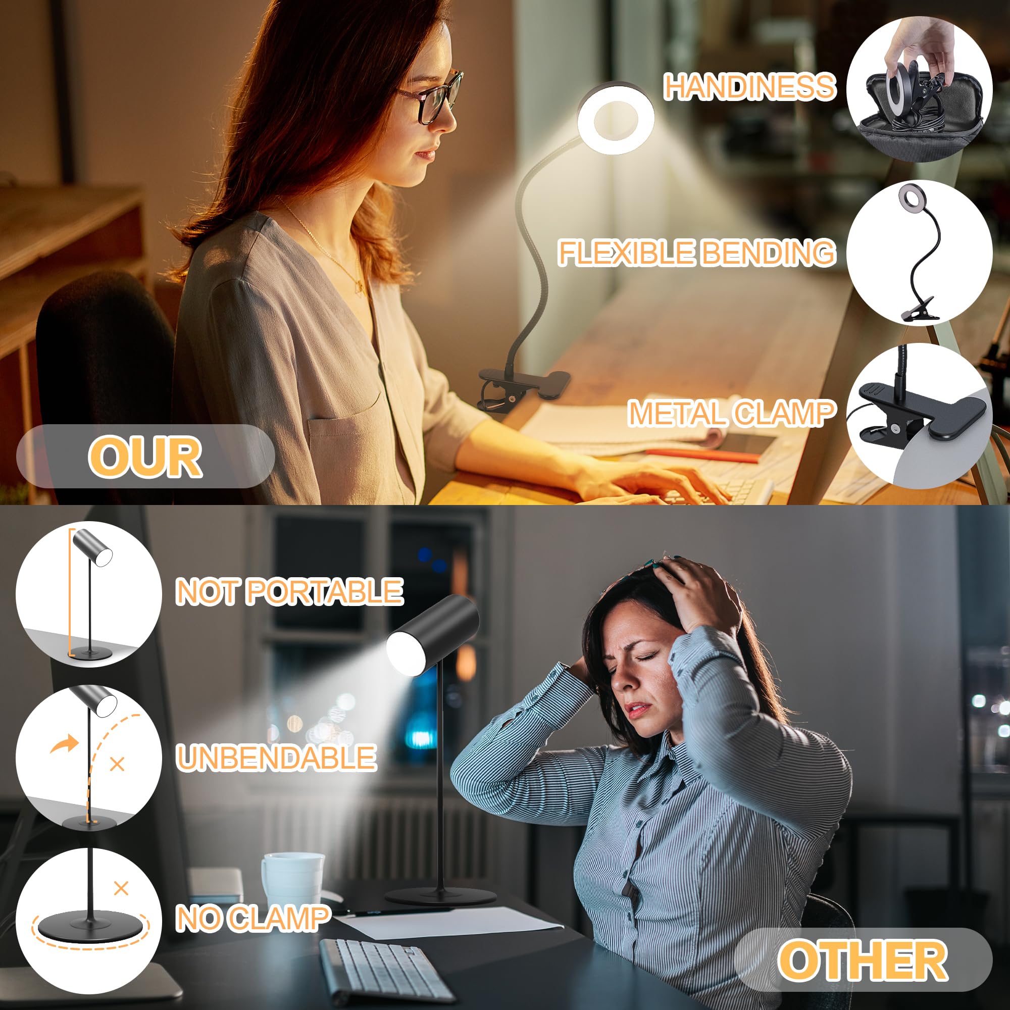 Foneso 48 LED USB Clip On Desk Lamp - 3 Color Modes & 10 Brightness Levels, 360° Adjustable Gooseneck Eye Protection Light for Reading, Studying, Makeup, Office Work, and Nightstand Use