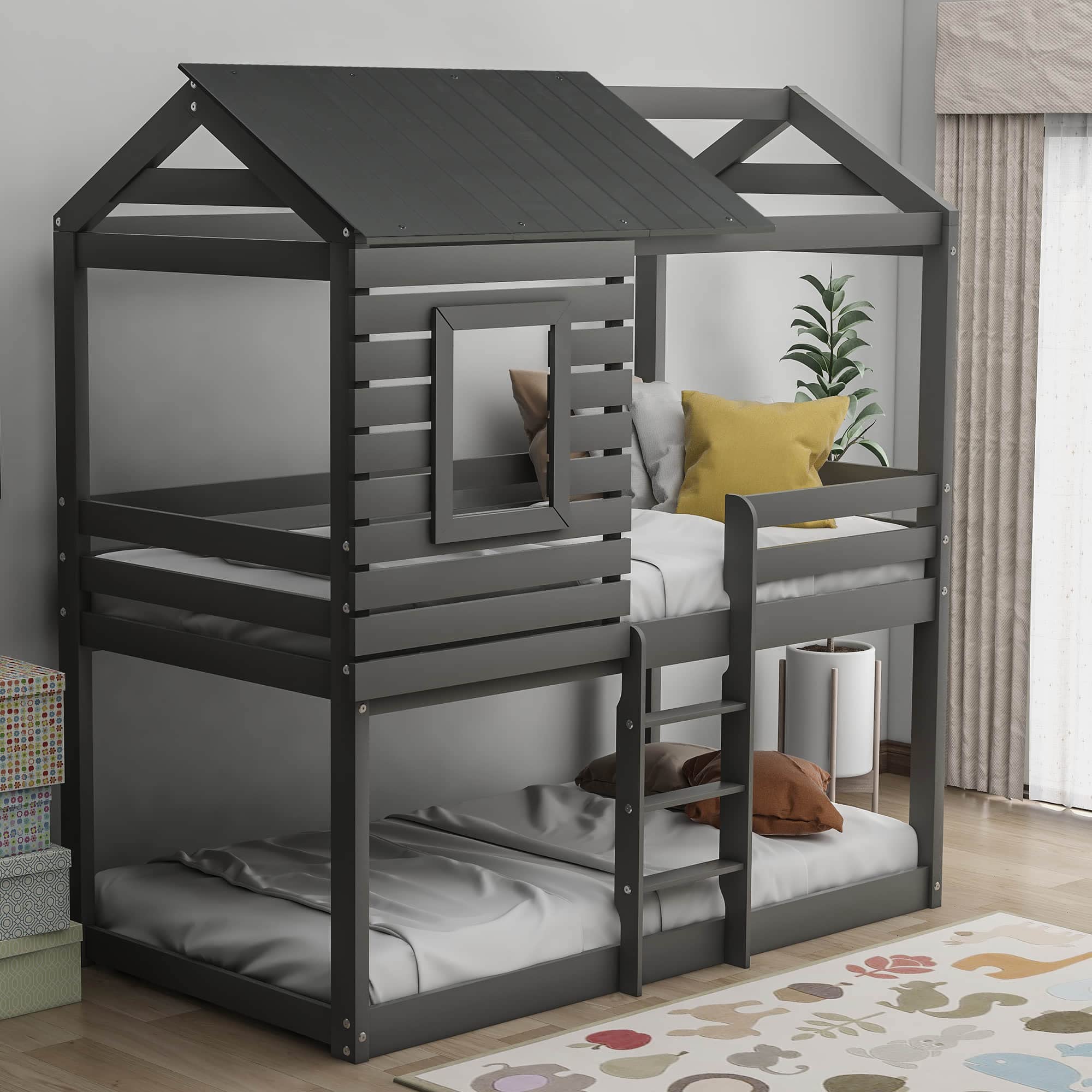 Wooden Bunk Bed Loft Bed with Roof, Window & Safety Guardrail - Twin Over Twin Space-Saving Kids Bed - No Box Spring Needed - Perfect for Small Rooms, Dormitories & Shared Kids Bedrooms