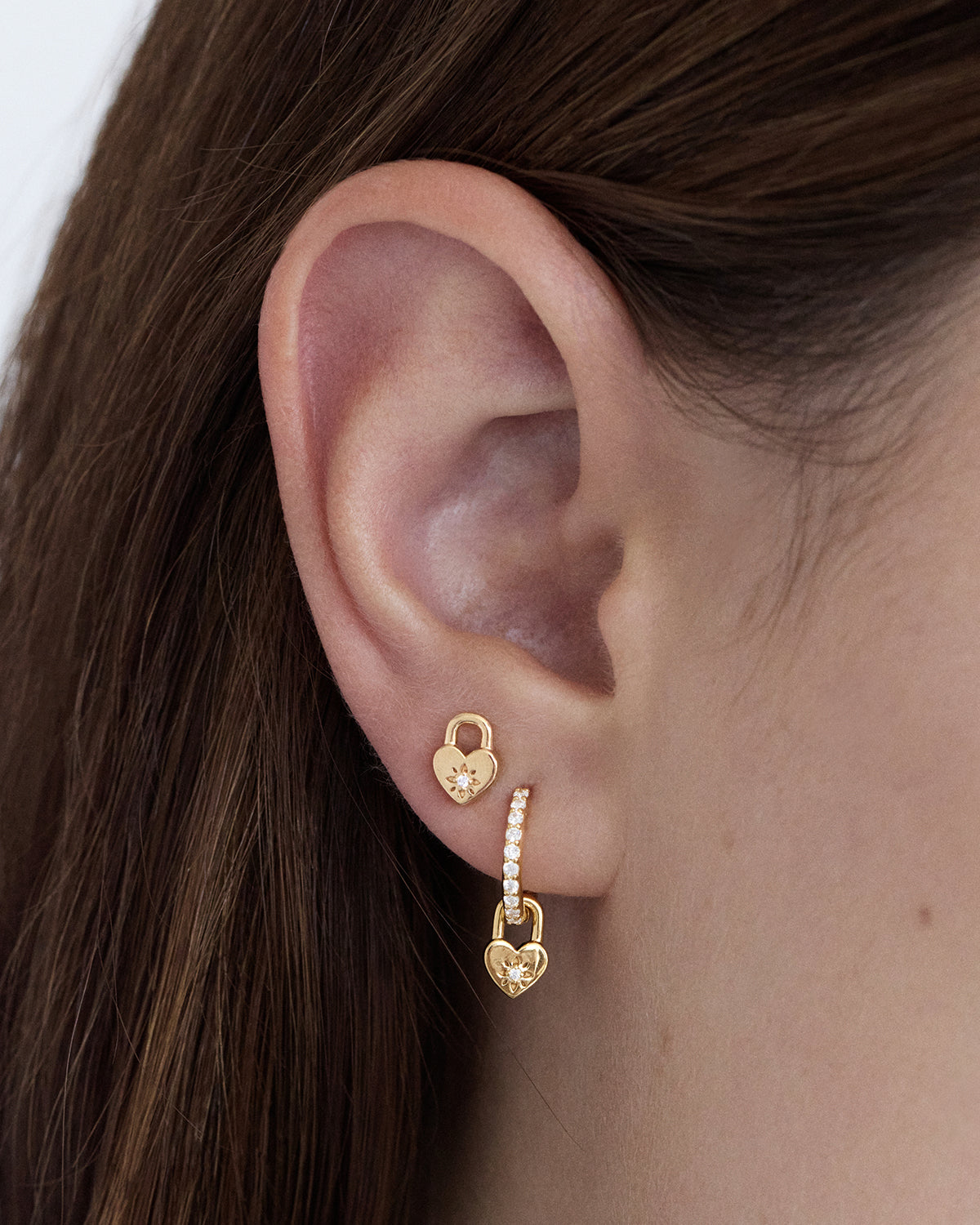 18K Gold Vermeil Crystal Lotus Heart Padlock Stud Earrings for Women - Elegant Dainty Jewelry Gift for Valentine's Day, Anniversary & Special Occasions