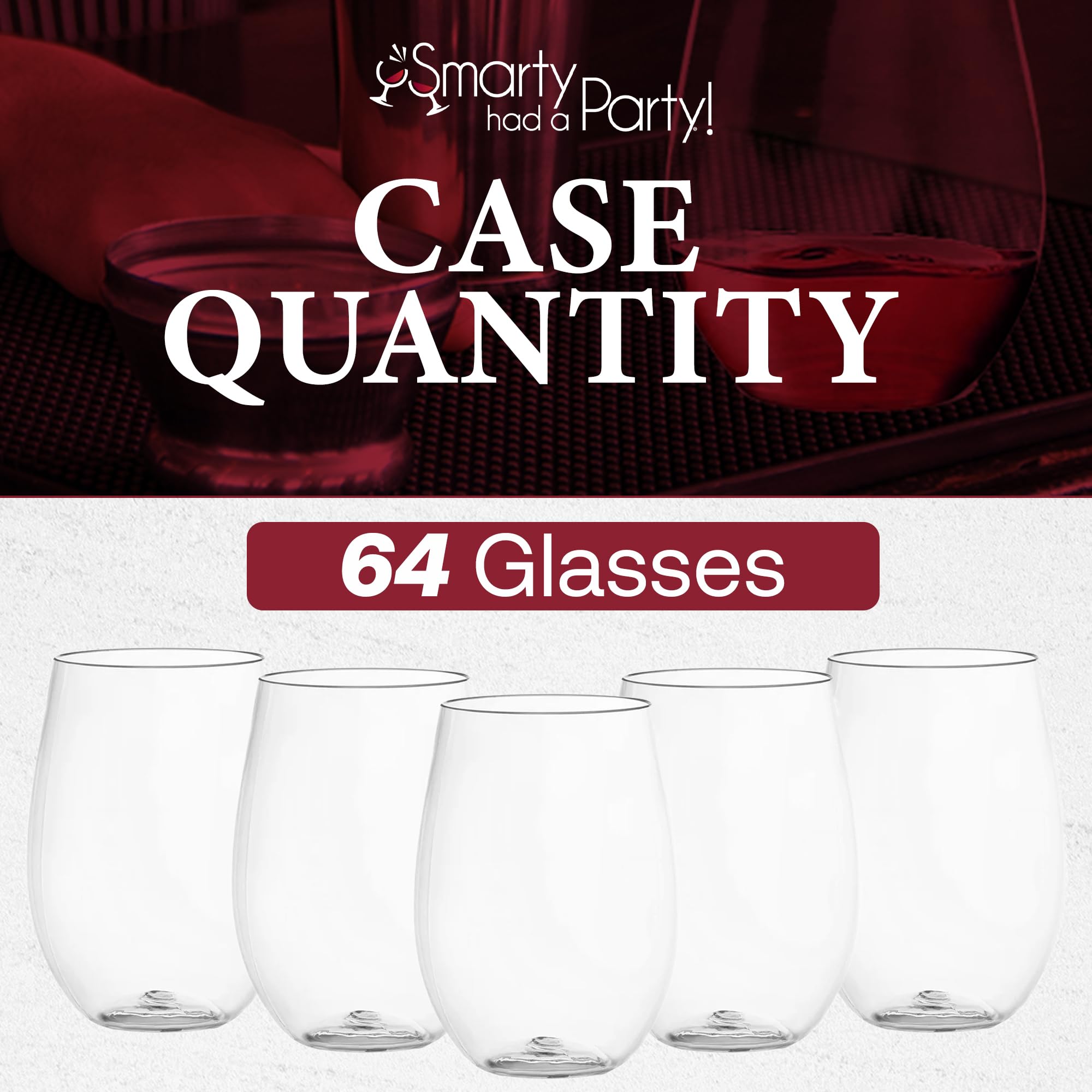 Smarty Had A Party 16 oz Clear Stemless Plastic Wine Glasses - Unbreakable Disposable Drinkware for Weddings, Parties, Events (Bulk 64 Count) - Perfect for Outdoor Picnics, BBQs, and Poolside Gatherings