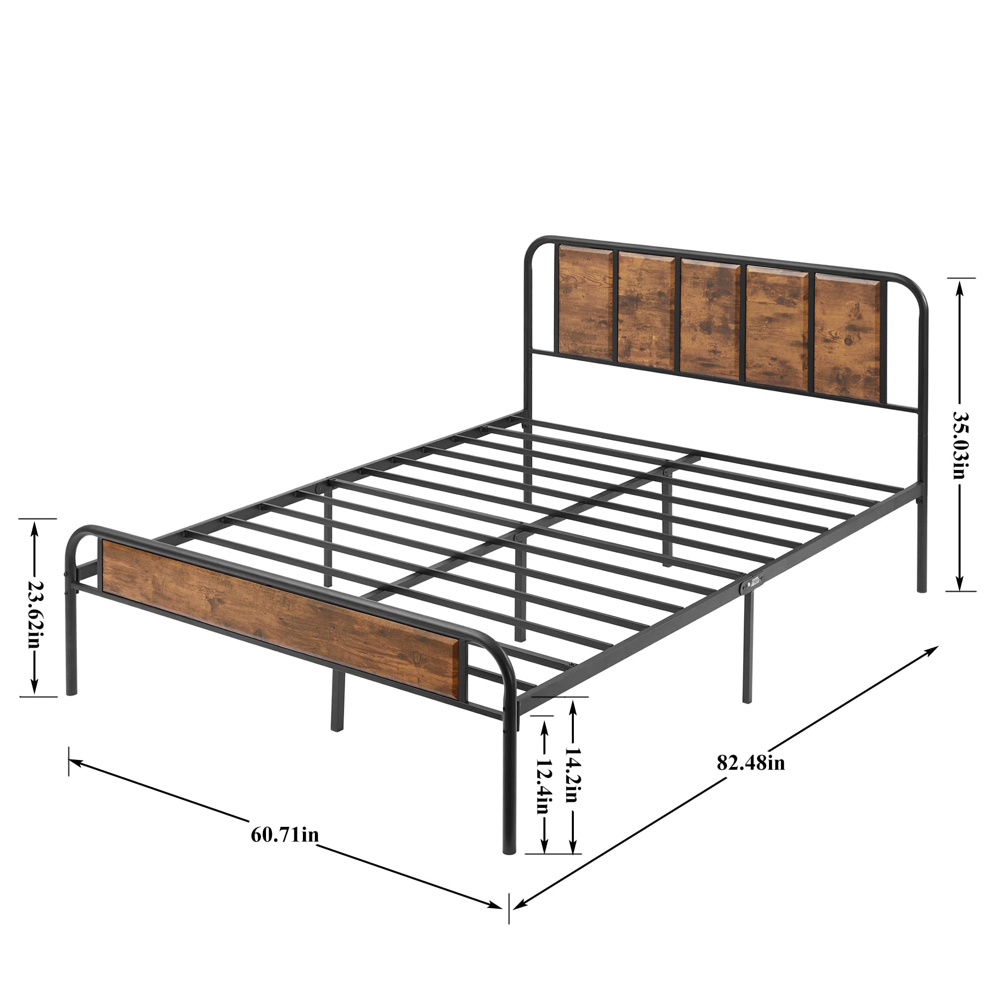 VECELO Queen Size Platform Bed Frame with Wood Headboard - Sturdy Steel Slat Support, No Box Spring Needed - Industrial Brown Bedroom Furniture for Modern Home Decor