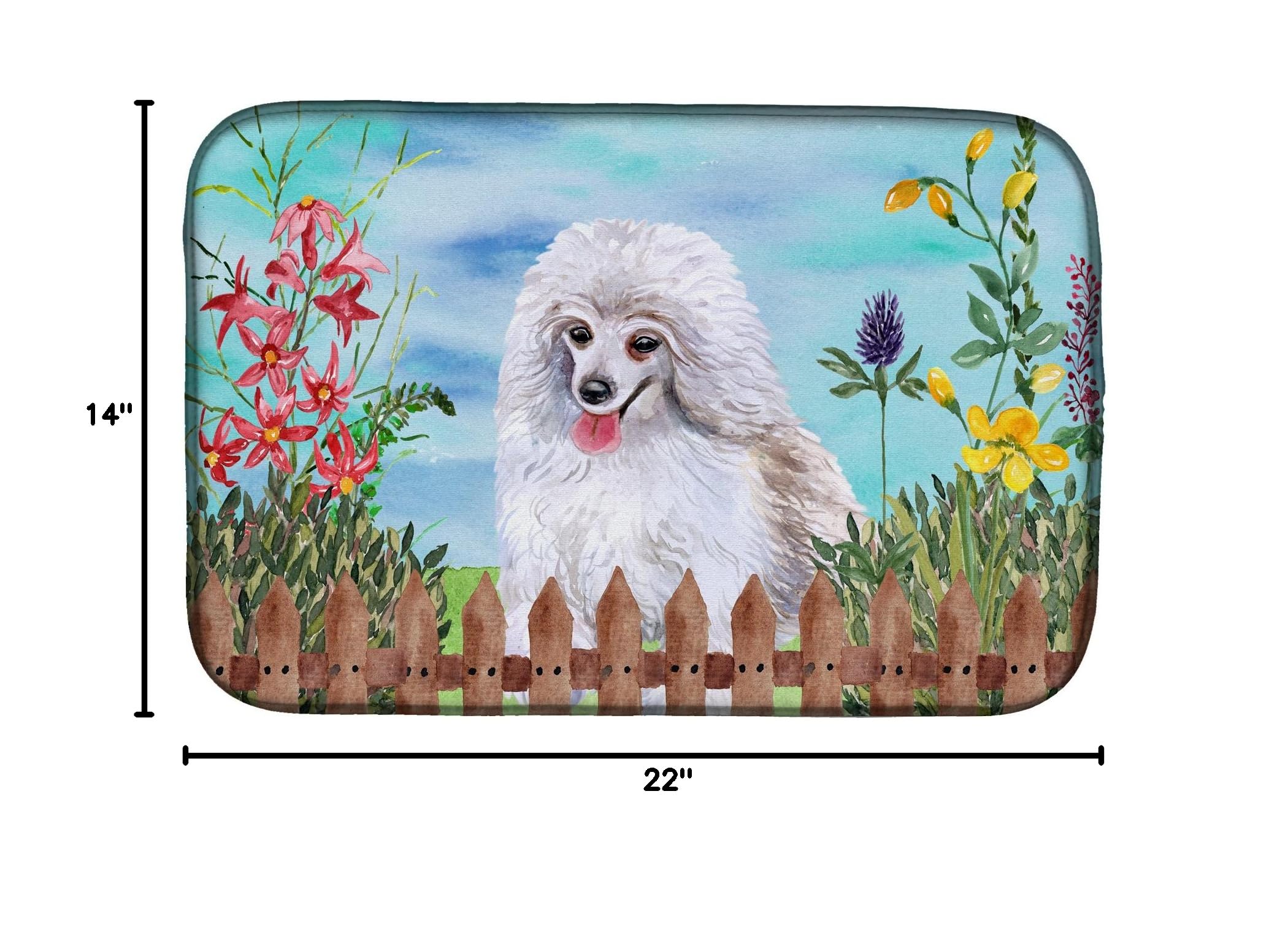 White Poodle Dish Drying Mat - Absorbent Kitchen Counter Pad (14x21