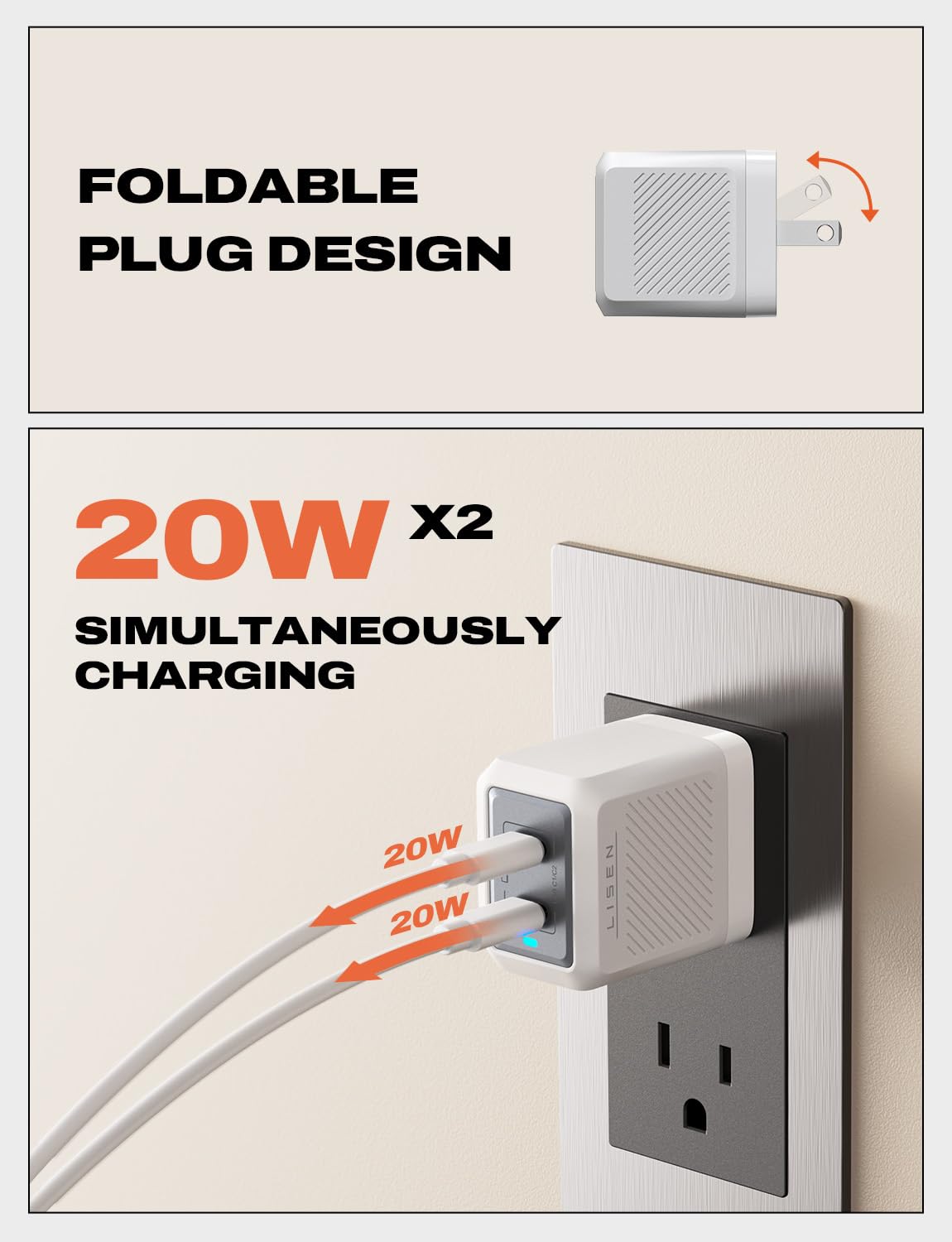 LISEN 40W GaN Fast Charger Block - Dual USB C Port Compact Foldable Power Adapter for iPhone 16/15/14/13/12 Pro Max, Samsung Galaxy S23/S22/S21/S20 - White | Perfect for Travel, Office & Home Charging