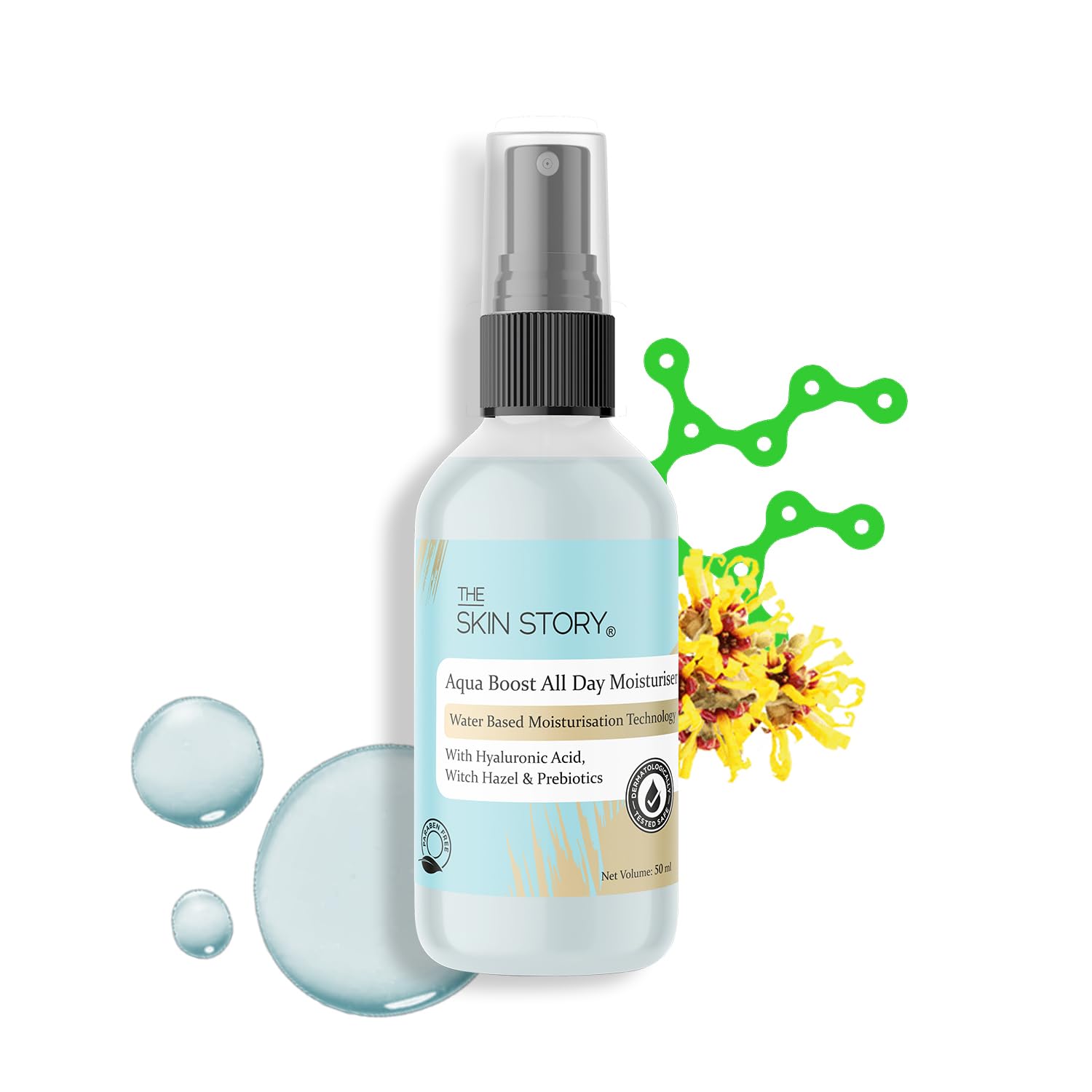 The Skin Story Aqua Boost All Day Moisturizer - Hydrating Water-Based Face Cream with Witch Hazel, Prebiotics, Vitamin E & Hyaluronic Acid for Oily & Combination Skin | Fast-Absorbing, Lightweight Liquid Formula (50ml) | Perfect for Daily Hydration & Makeup Prep