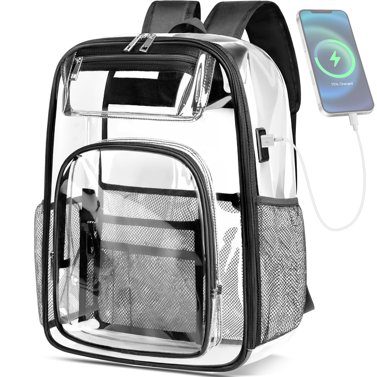 Clear Transparent Backpack with USB Charging Port - Heavy Duty PVC 15.6 Inch Laptop Backpack for School, Travel & Work - Stadium Approved See-Through Bookbag for Women, Men & Kids - Perfect for Security Checks, College & Outdoor Activities