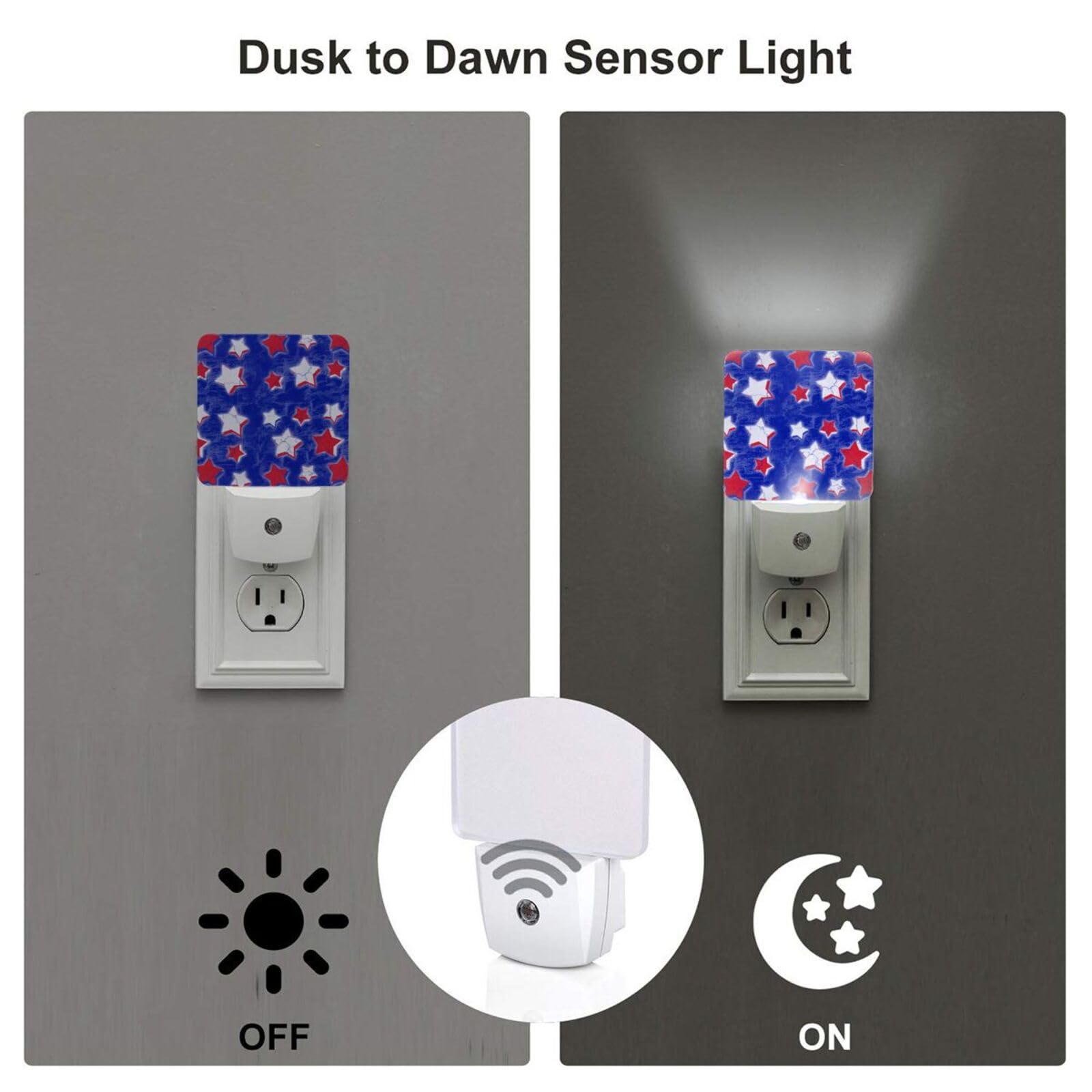 Red and White Flag Stars Plug-in LED Night Light with Auto Sensor - Set of 2 Dusk to Dawn Memorial Day Nightlights for Bedroom, Nursery, Hallway, or Bathroom