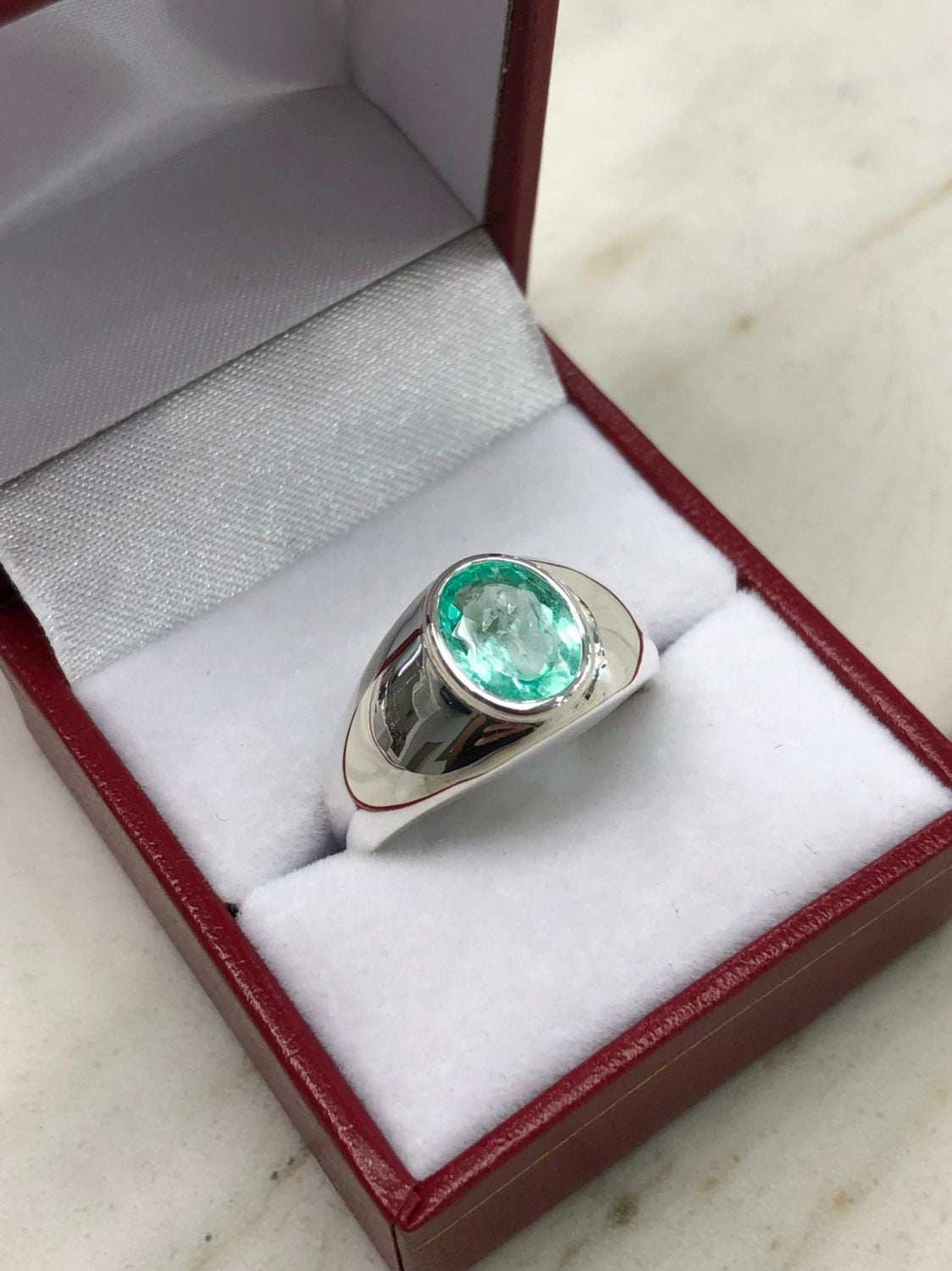 1.85 Carat Genuine Emerald Men's Solitaire Oval Signet Ring in Sterling Silver Bezel Setting - Perfect for Weddings, Engagements & Special Occasions