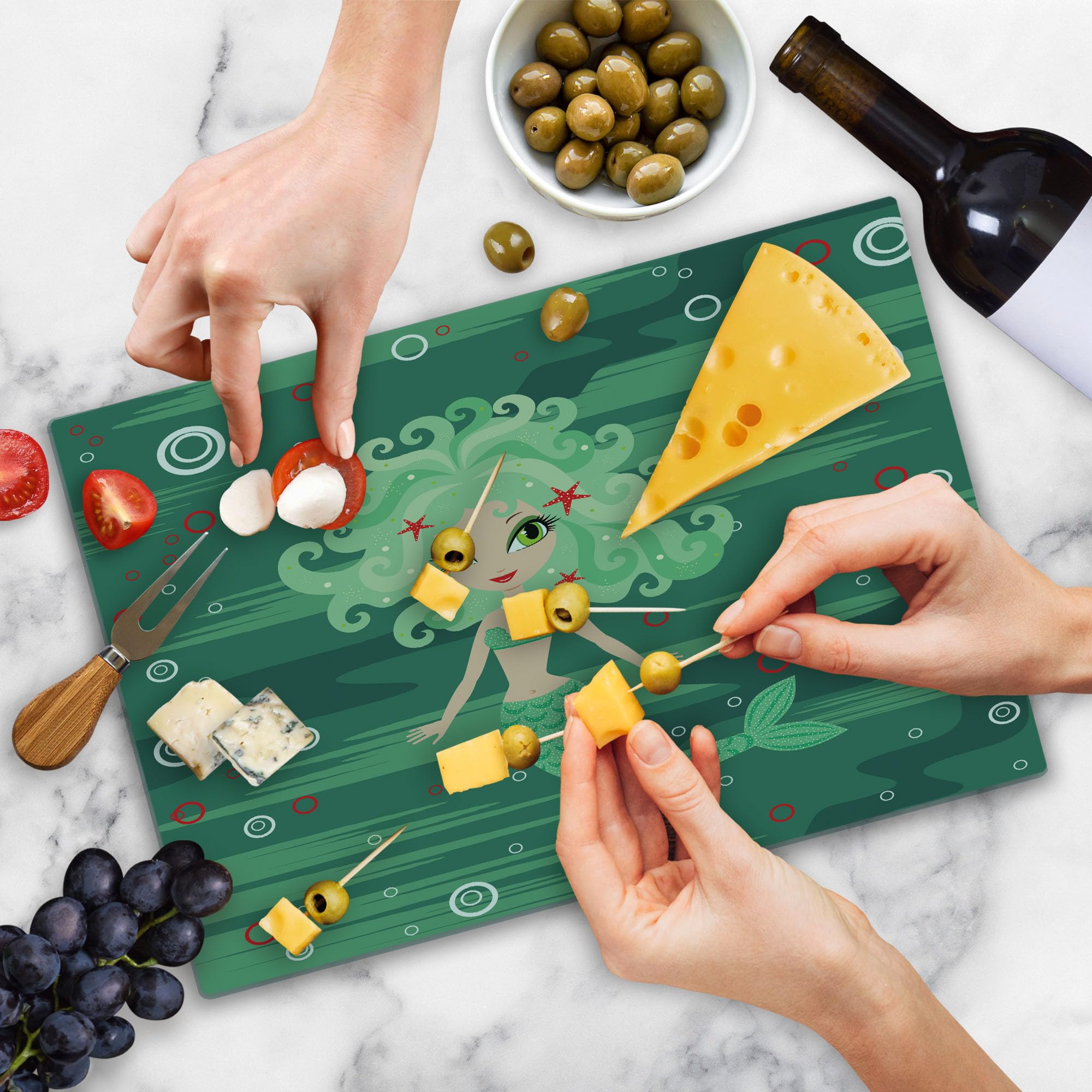 Ambesonne Underwater Themed Tempered Glass Cutting Board - Mermaid, Water Bubbles & Starfish Print - Large Green Decorative Serving Board for Kitchen, Party & Gift Giving
