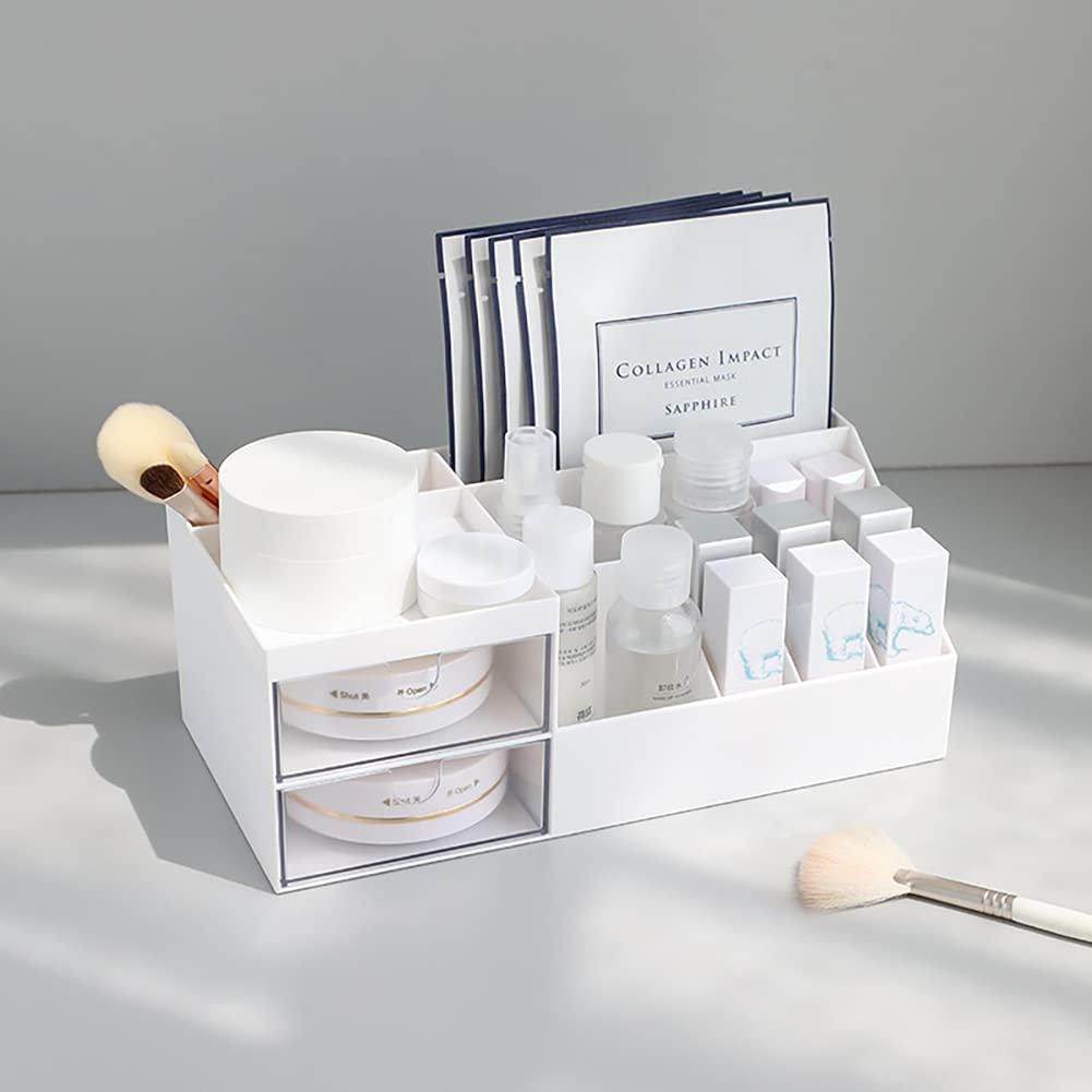 White Cosmetic Organizer with Drawer - Makeup & Skincare Storage Case for Vanity Desk, Dresser, Countertop - Perfect for Bathroom, Office & Beauty Display Organization