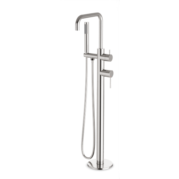 Round Floor Mount Tub Filler Trim Kit with Low Spout & Handheld Shower - Perfect for Modern Bathroom Renovations and Spa-Like Shower Experiences