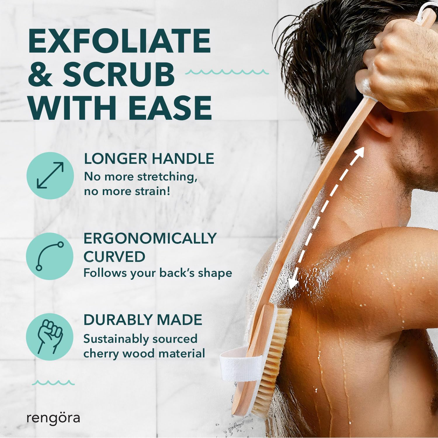 Long Handle Bath Brush for Shower - 20 Inch Back Scrubber with Detachable Head & Natural Stiff Bristles - Exfoliating Body Brush for Men, Women & Elderly - Perfect for Deep Cleaning, Exfoliation & Hard-to-Reach Areas in Bath or Shower
