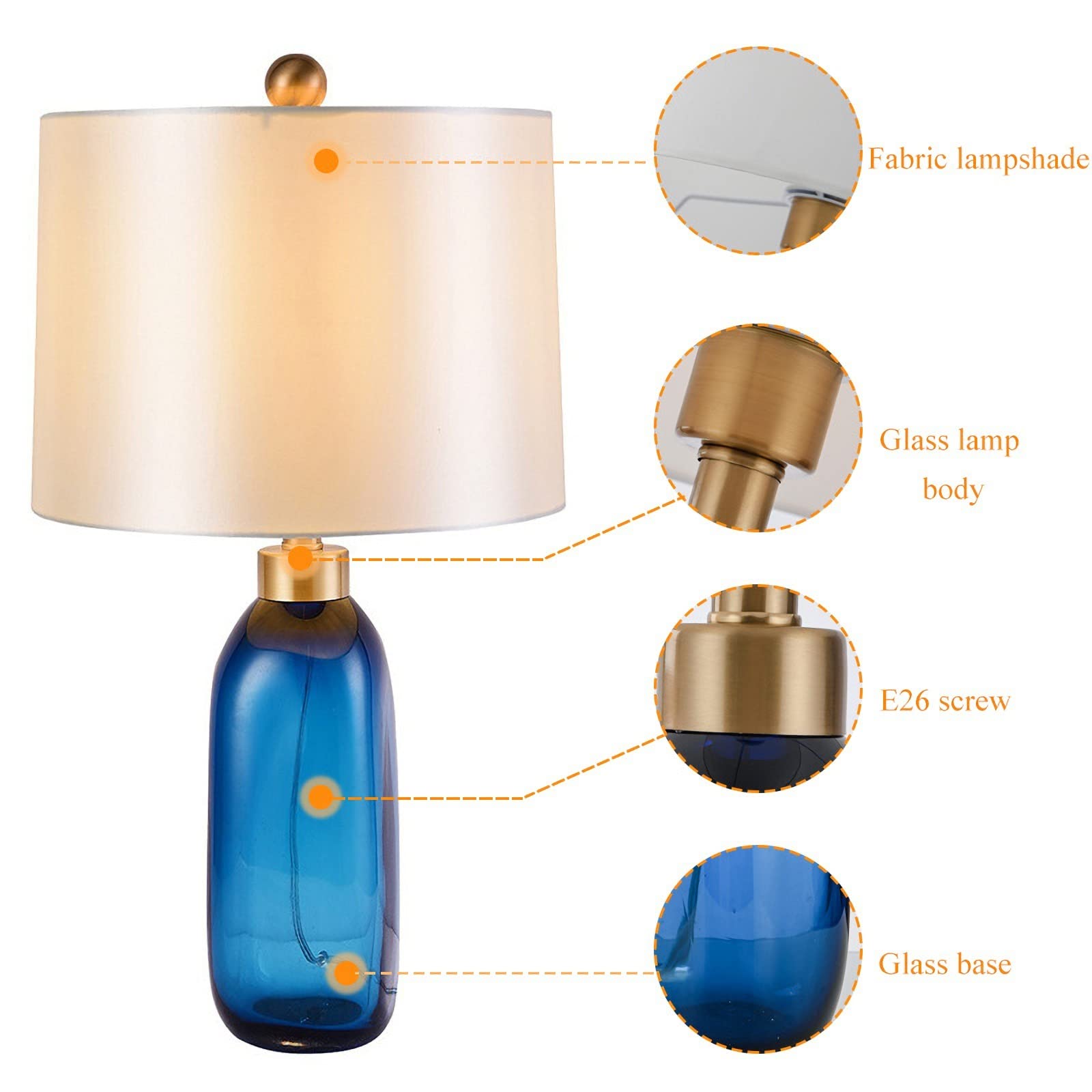 Nordic Blue Glass Desk Lamp - Modern Oval Deskside Lamp with White Fabric Shade, Nightstand Lighting for Living Room, Bedroom, Home Office & Entryway | Perfect for Reading, Working & Ambient Lighting