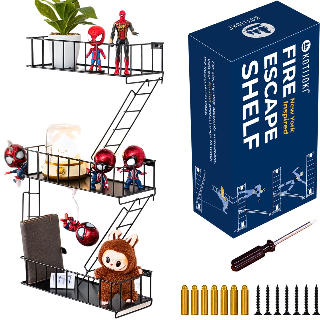 3 Tier Fire Escape Wall Shelf with Screwdriver & Screws - Metal Decorative Shelf for Action Figures, Home Décor | Rustic Industrial Wall Shelves for Bedroom, Living Room, Office Display (Midnight Steel) - Perfect for Collectibles, Books & Plant Decor