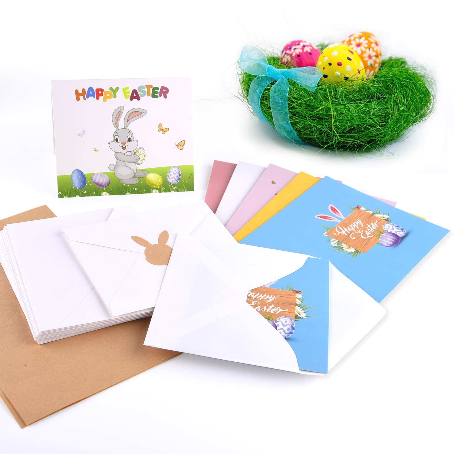 FEPITO 36 Pack Happy Easter Greeting Cards with Envelopes - Bunny Rabbit Egg Design Spring Note Cards for Kids (6 Styles) - Perfect for Easter Celebrations, Classroom Activities & Party Favors