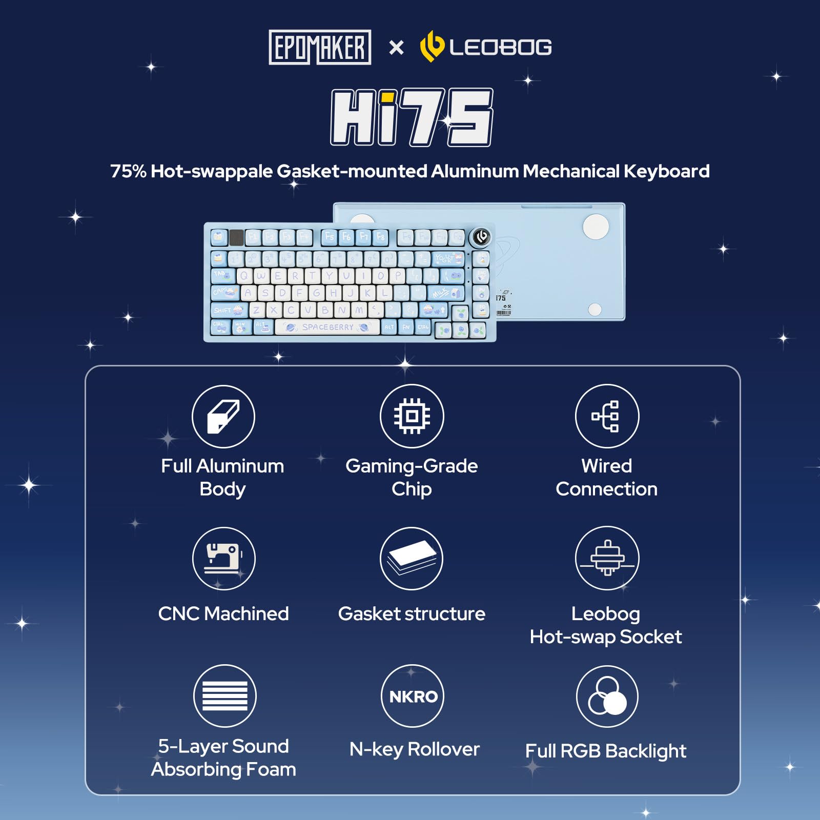 EPOMAKER x LEOBOG Hi75 Wired Mechanical Gaming Keyboard - Aluminum Alloy Frame, RGB Backlit, Hot-Swappable Nimbus Switches, Mode-Switching Knob (White Blue) - Perfect for PC Gaming, Typing & Office Work