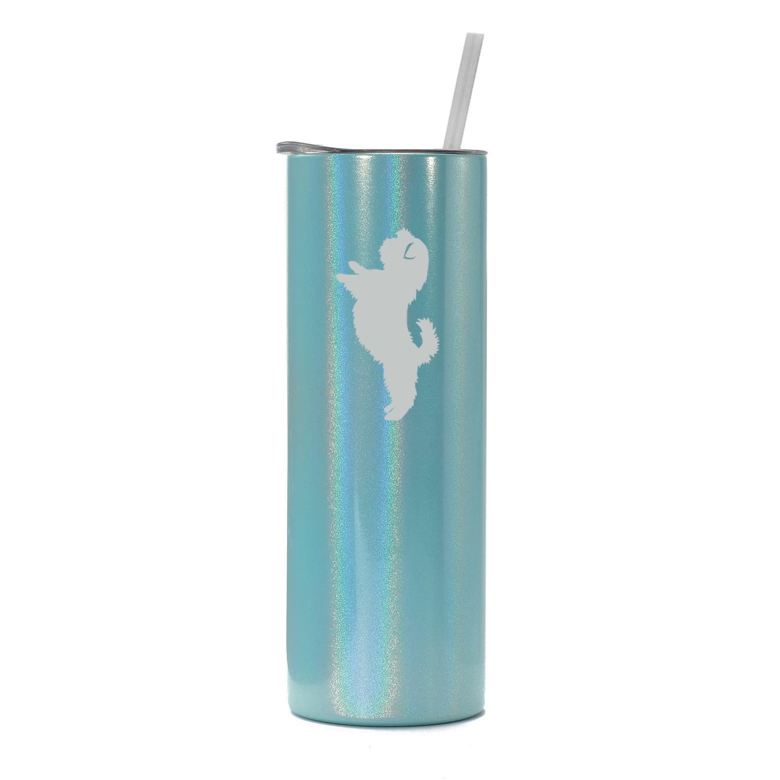 20 oz Skinny Tall Stainless Steel Vacuum Insulated Tumbler with Straw - Shih Tzu Standing Design (Light Blue Iridescent Glitter) - Perfect for Travel, Office, and Outdoor Activities