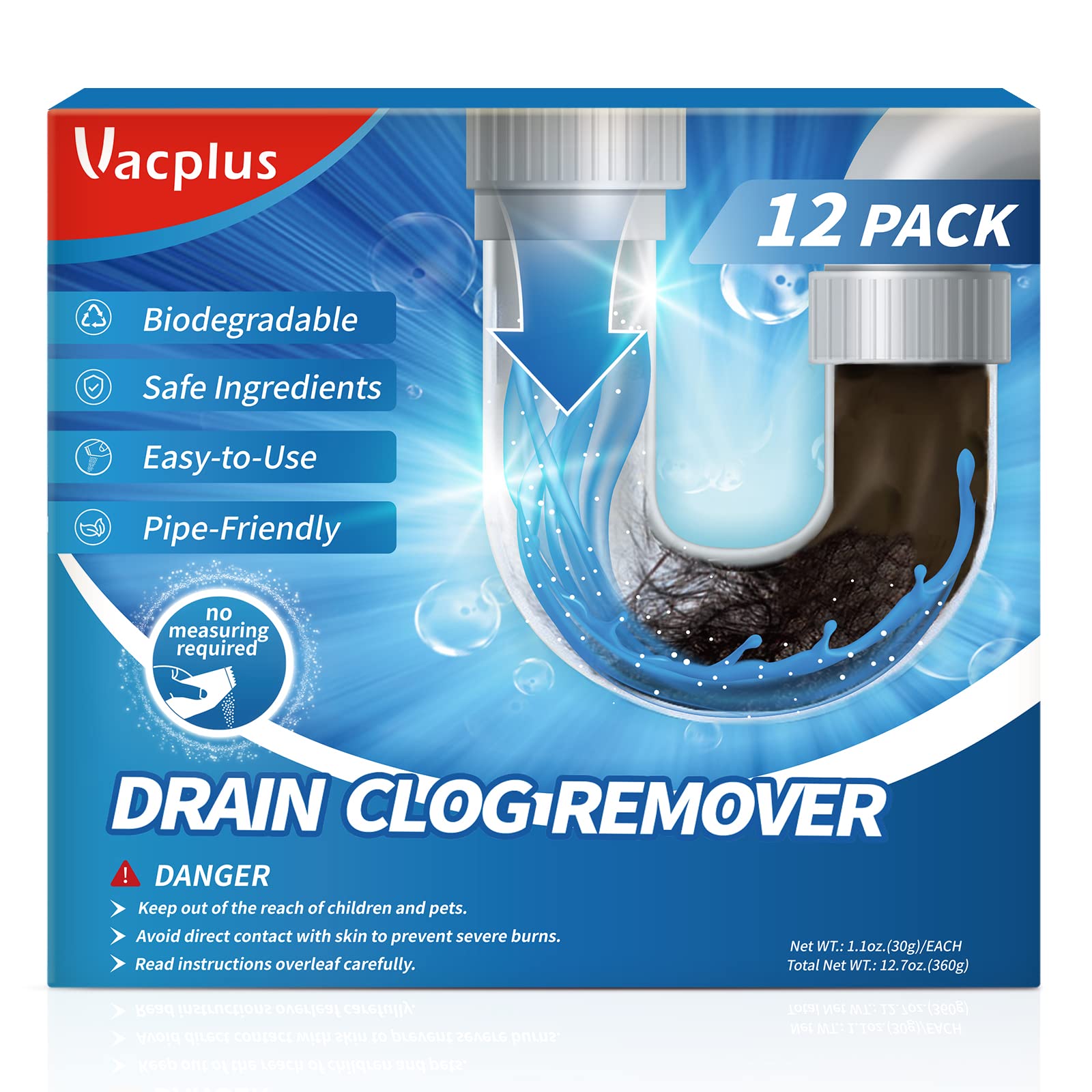 Vacplus 12-Pack Drain Clog Remover - Powerful Sink Drain Cleaner for Hair Clogs, Pipe-Friendly Drain Opener & Deodorizer - Ideal for Bathroom, Kitchen & Shower Drain Maintenance