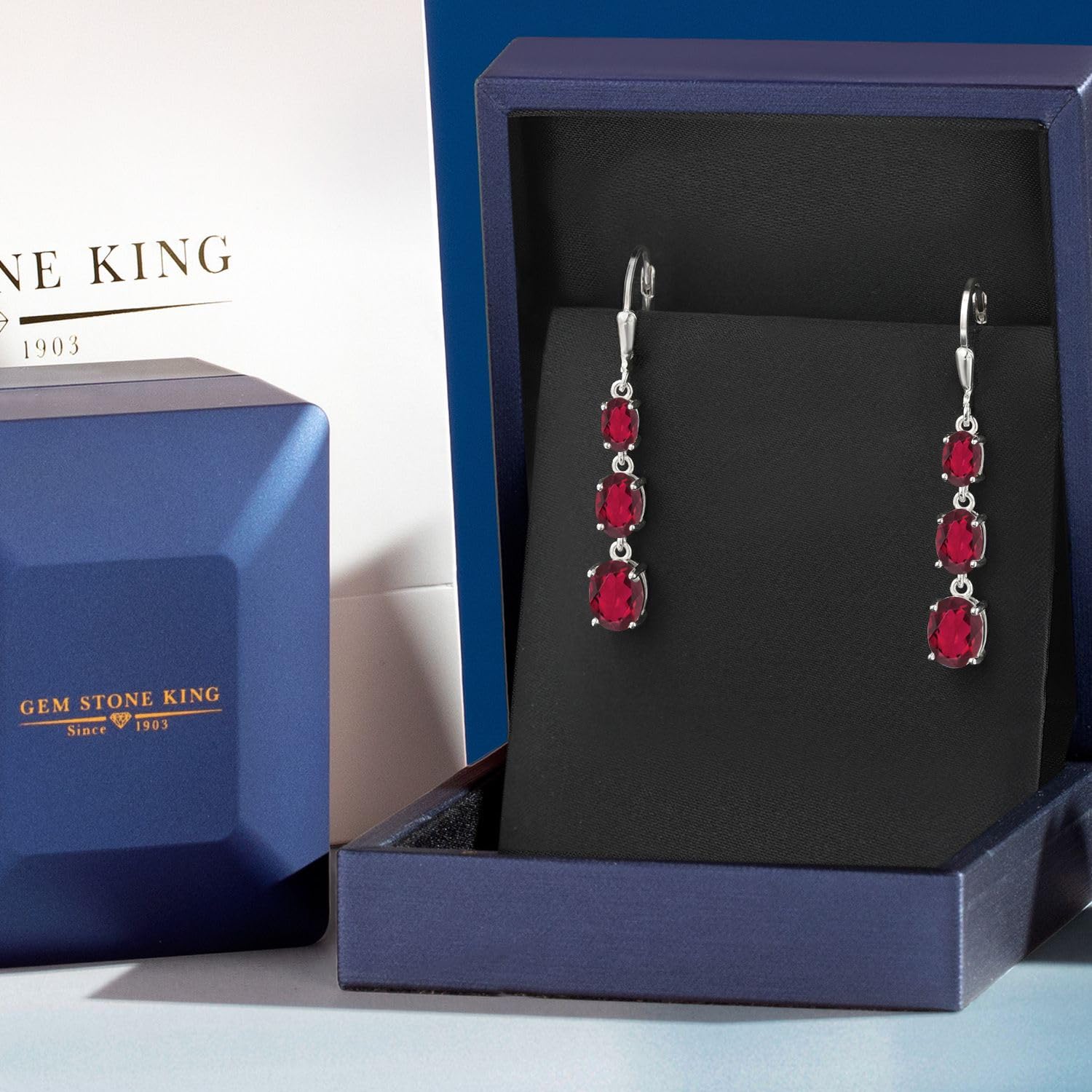 Gem Stone King 3-Stone Leverback Drop Dangle Earrings for Women - 925 Sterling Silver Birthstone Jewelry | Oval 8x6mm, 7x5mm & 6x4mm Gemstones | Elegant Gift for Mom, Wife, Her | Perfect for Weddings, Anniversaries & Special Occasions