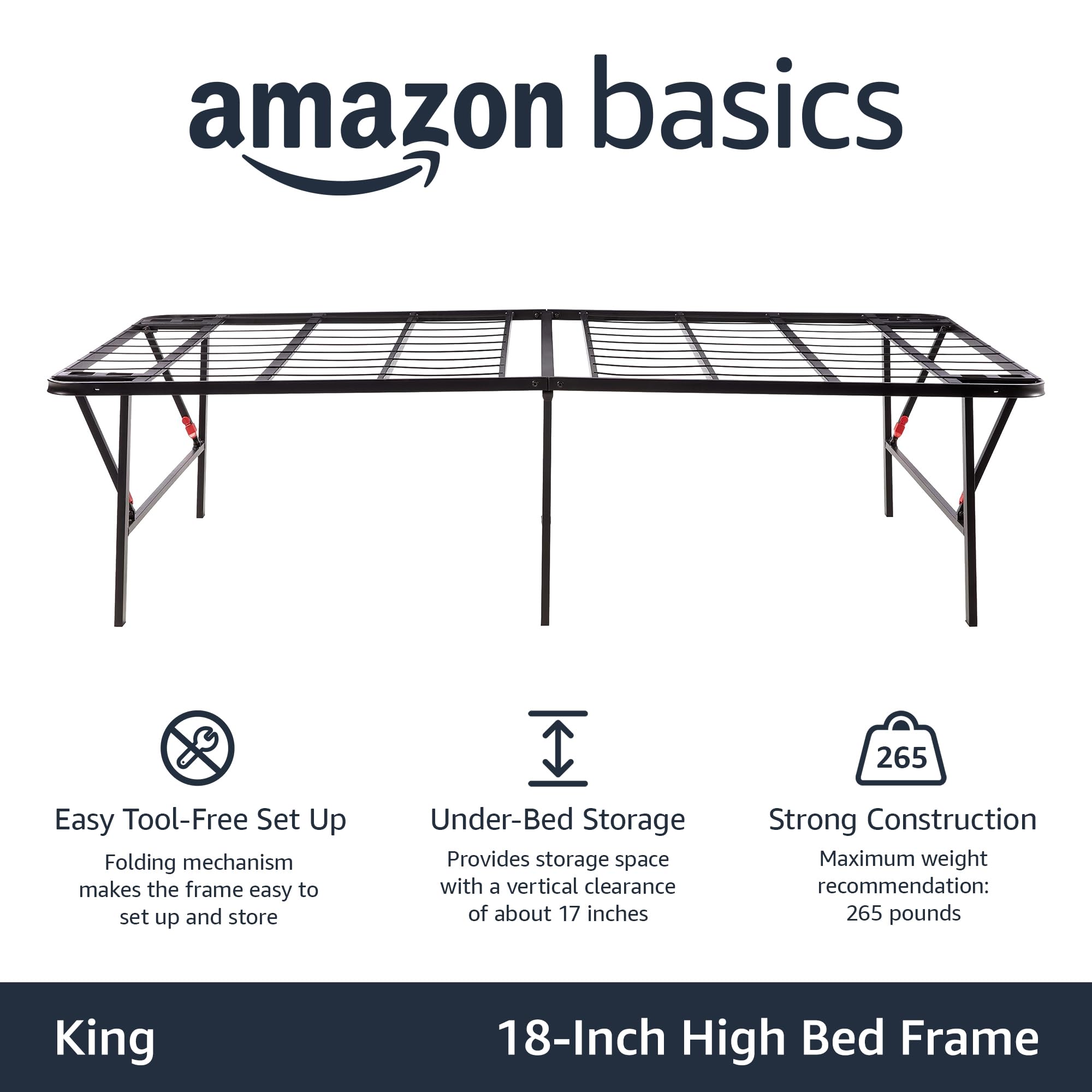 Amazon Basics King Size Bed Frame with Storage - Foldable Metal Platform, Sturdy Steel Construction, No Box Spring Needed, 18