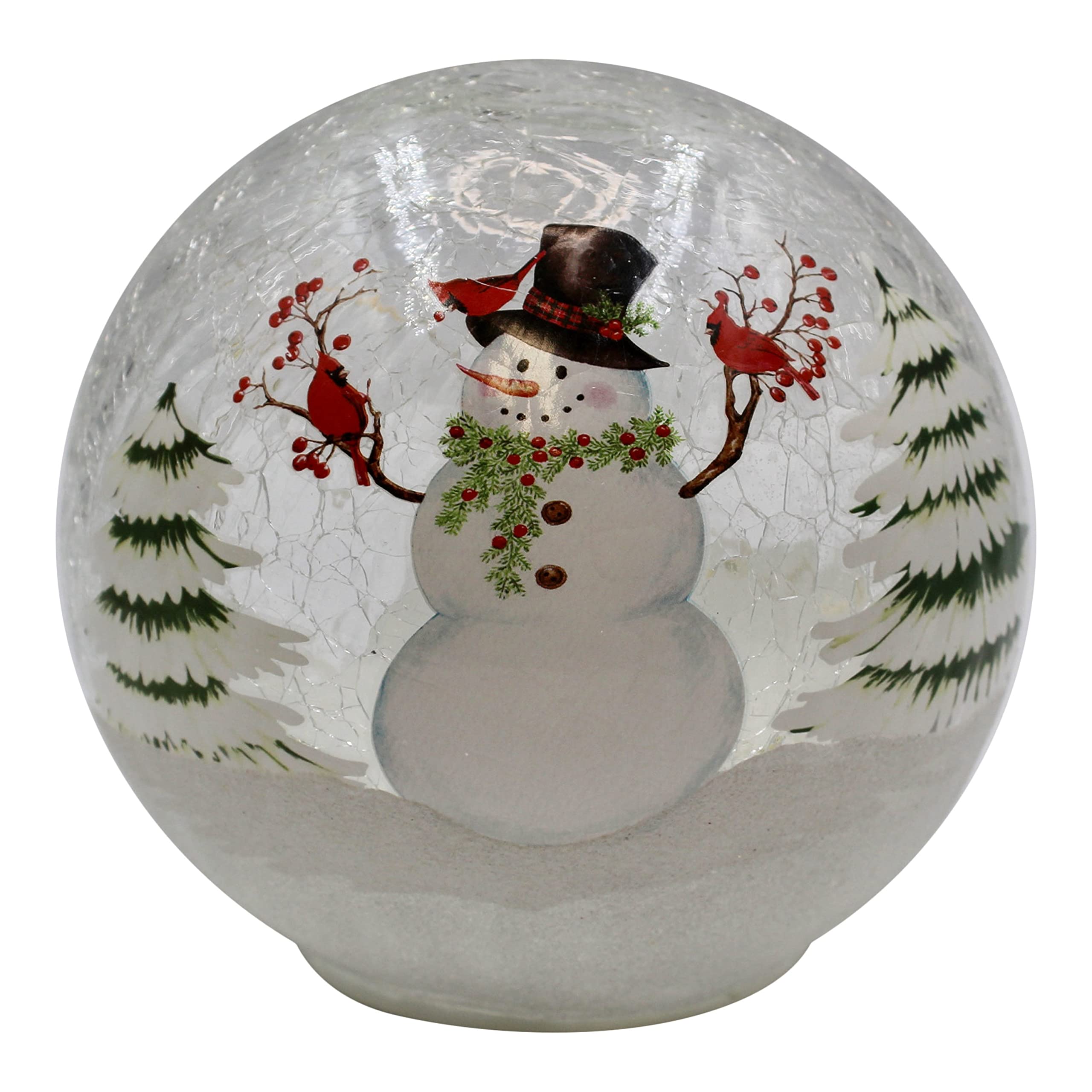 Snowman with Cardinals Crackle Glass Globe - LED Light Up Christmas Ornament - Battery Operated Holiday Home Decor (Requires 3 AA Batteries) - Perfect for Mantel, Tabletop & Holiday Gift Giving