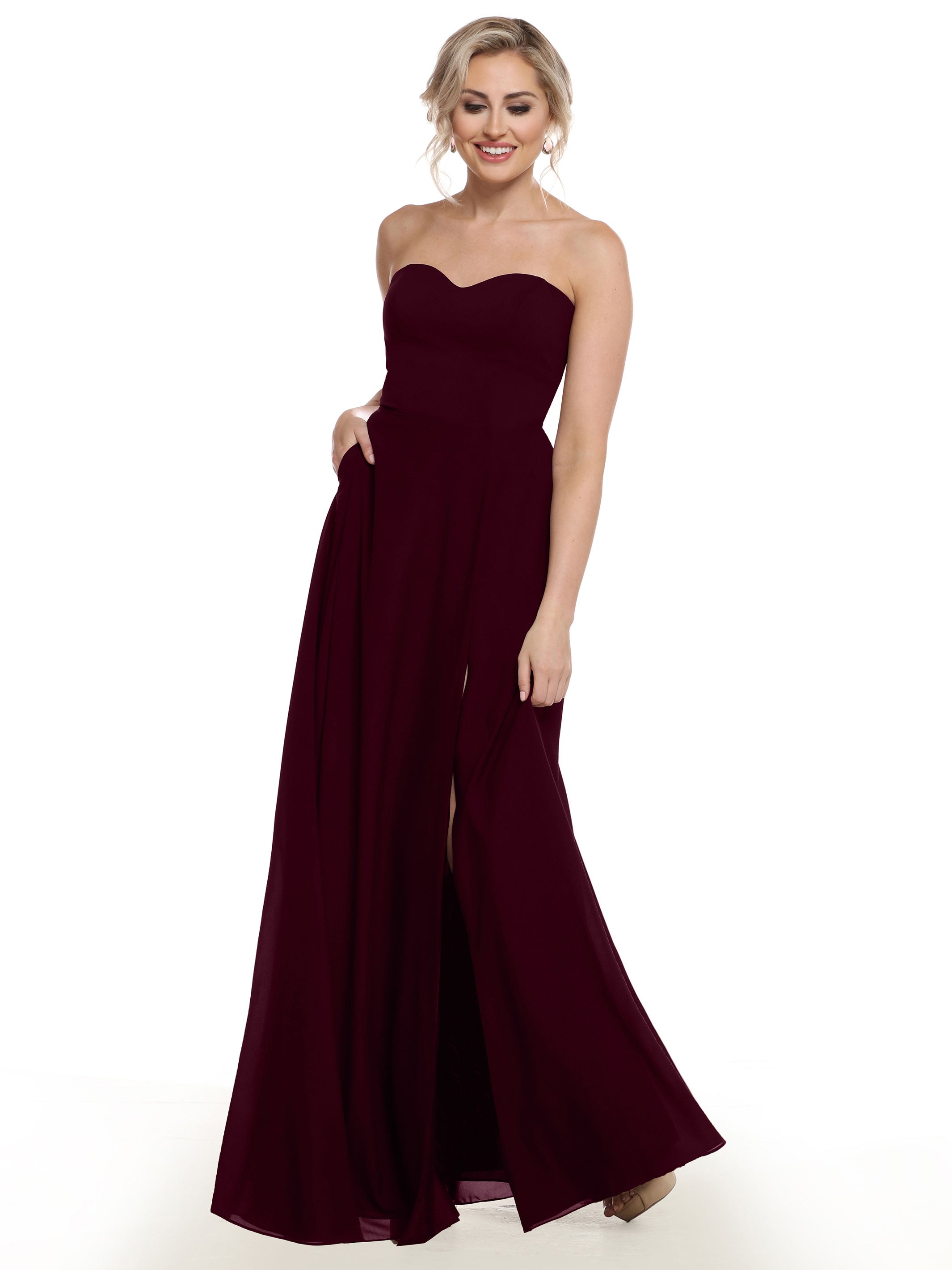 Strapless Stretch Chiffon A-Line Bridesmaid Dress with Pockets & Side Slit - Elegant Formal Wedding Party Gown for Bridesmaids, Evening Events & Special Occasions