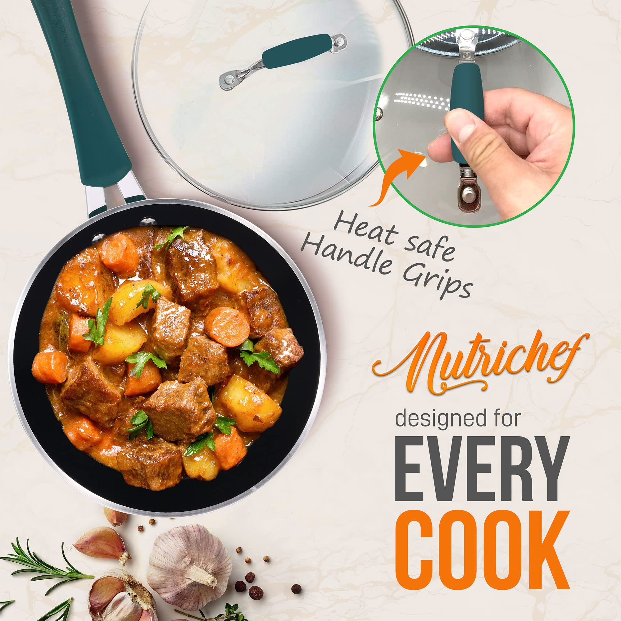 NutriChef 11-Piece Nonstick Cookware Set with Glass Lids & Kitchen Utensils - Teal Blue Ceramic Coated Pots & Pans for Healthy Cooking - Perfect for Frying, Boiling & Sauteing in Modern Kitchens