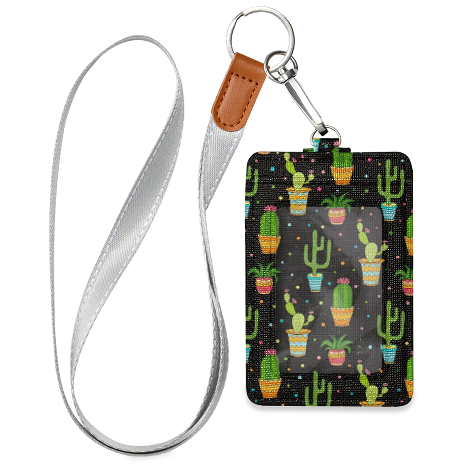 JUAMA Cartoon Cacti Print PU Leather ID Badge Holder - 3 Slot Wallet Case with Neck Lanyard, Snap Button & Key Ring - Perfect for Workers, Officers, Students & Kids - Office, School & Event Security Use