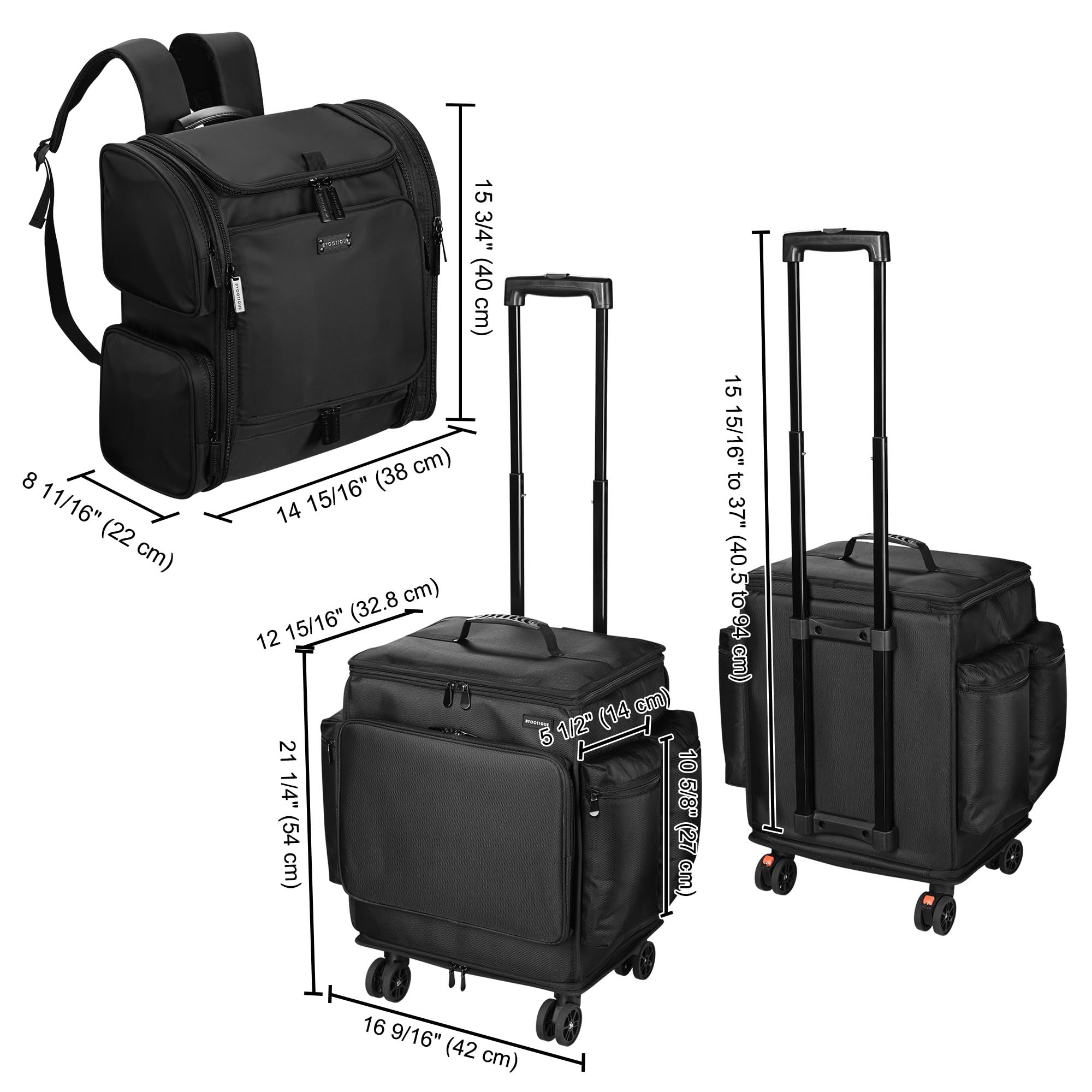 BYOOTIQUE 2-in-1 Rolling Makeup Train Case & Hair Stylist Travel Backpack - Professional Salon Organizer for Curling Irons, Straighteners & Barber Tools - Perfect for Salon Professionals & Mobile Stylists (Black)