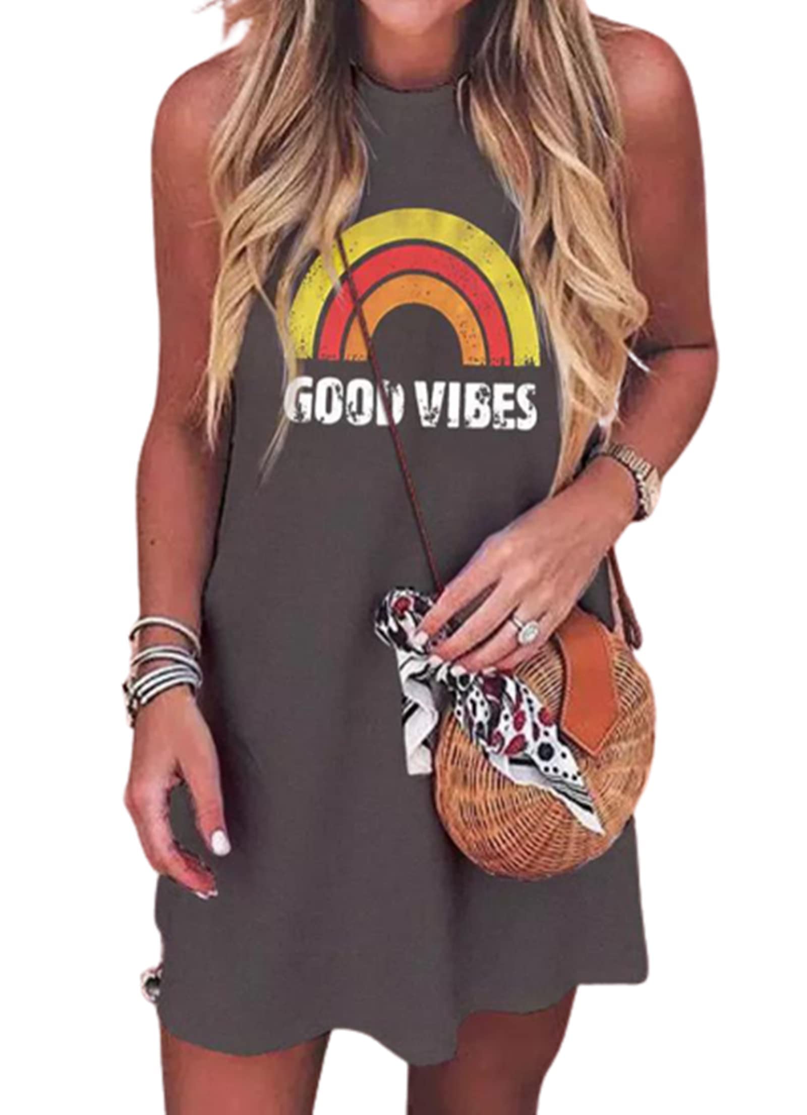 Women's Casual Loose Sleeveless Mini Dress - Sun, Salt, Sand & Coconut Tree Print Beach Party Shirt for Summer Vacation | Perfect for Beach Outings, Pool Parties & Tropical Getaways