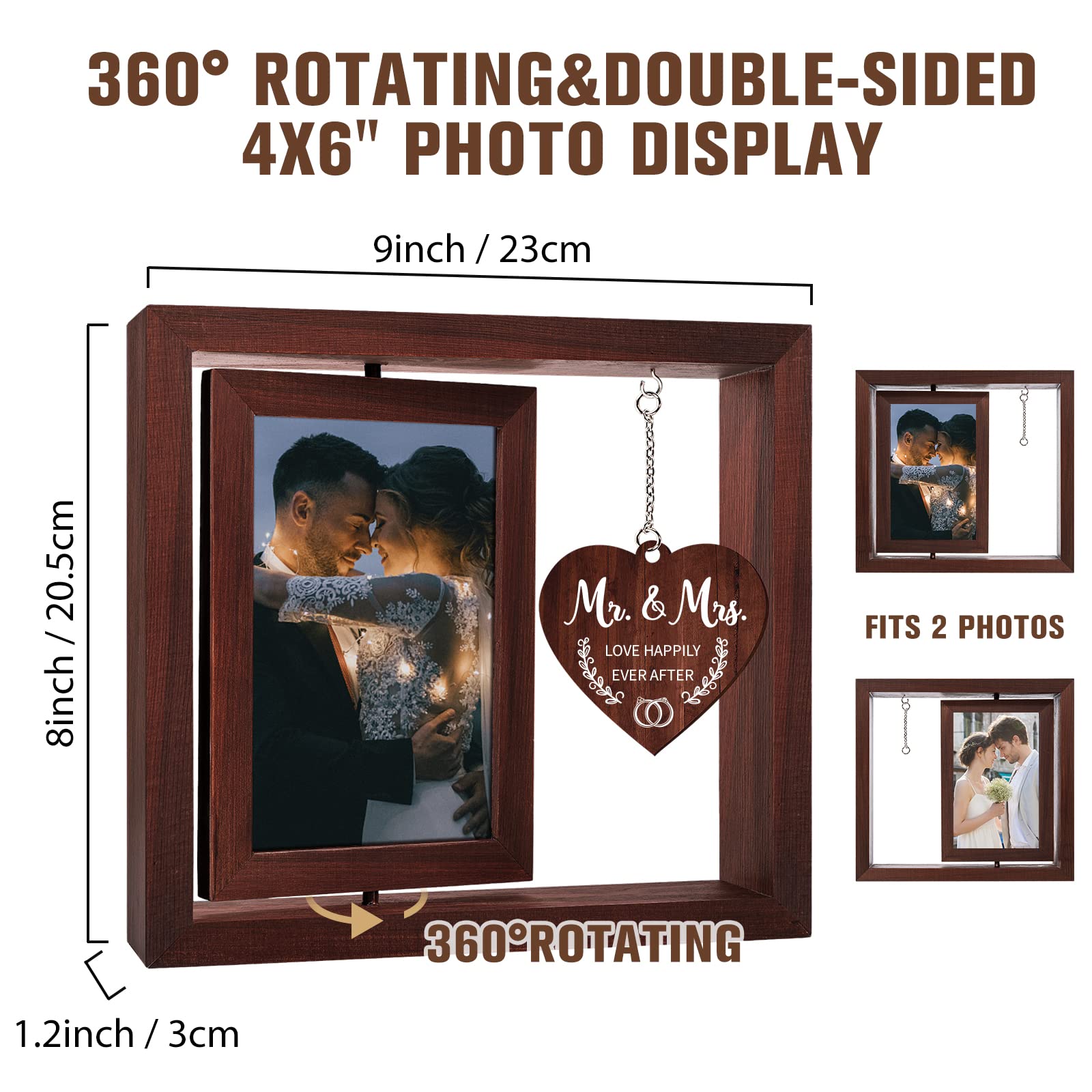 Vetbuosa Rotating Wedding Picture Frame 4x6 - Unique Mr and Mrs Wedding Gifts for Bride & Groom, Bridal Shower Gift for Couples - Solid Wood Keepsake Frame for Wedding Photos, Anniversary & Home Decor