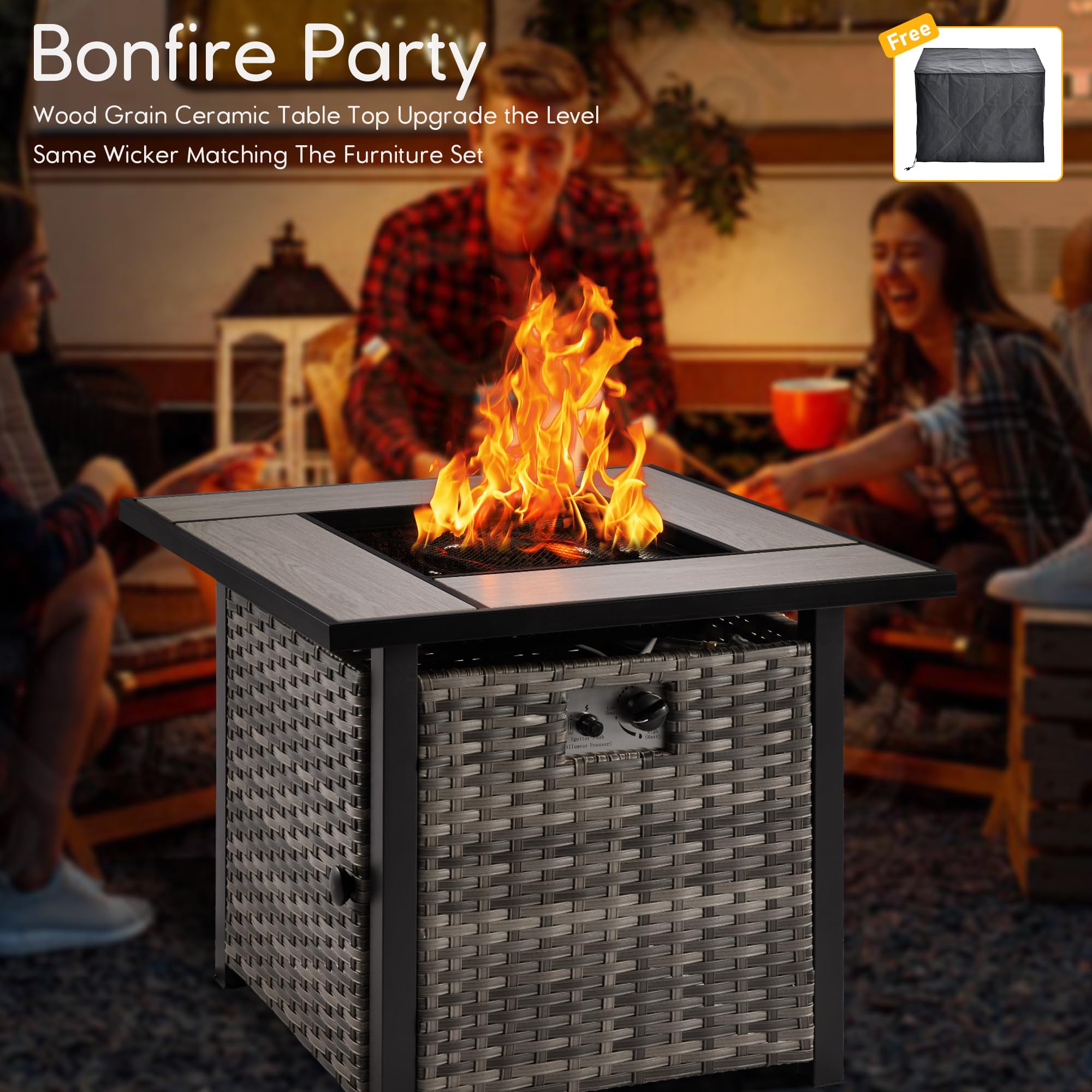 HOOOWOOO 5-Piece Outdoor Patio Conversation Set with Fire Pit Table - Grey Small Space Furniture for Backyard, Garden, or Deck Relaxation