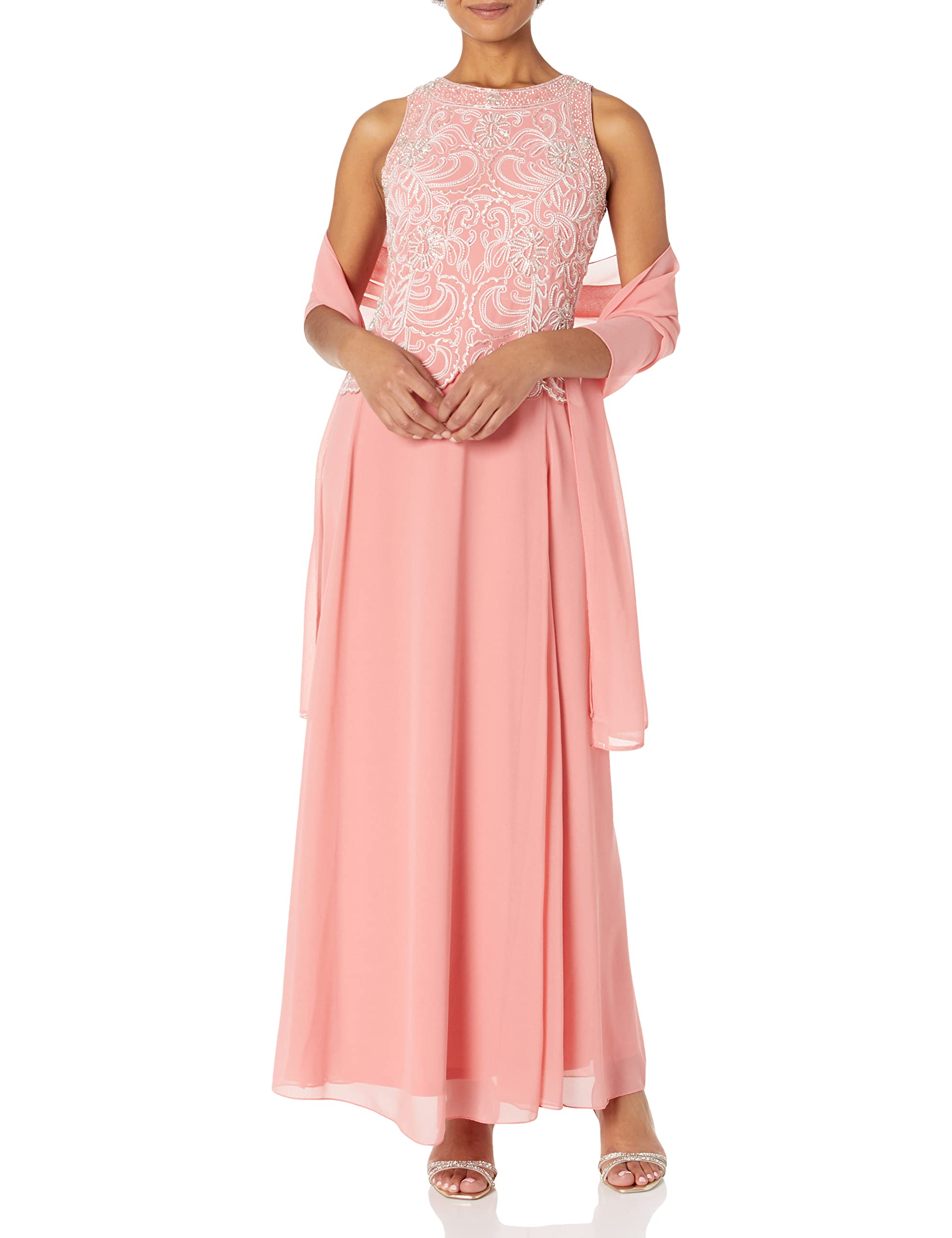 J Kara Women's Elegant Sleeveless Scallop Neckline Beaded Maxi Dress with Detachable Scarf - Perfect for Evening Parties, Weddings & Special Occasions