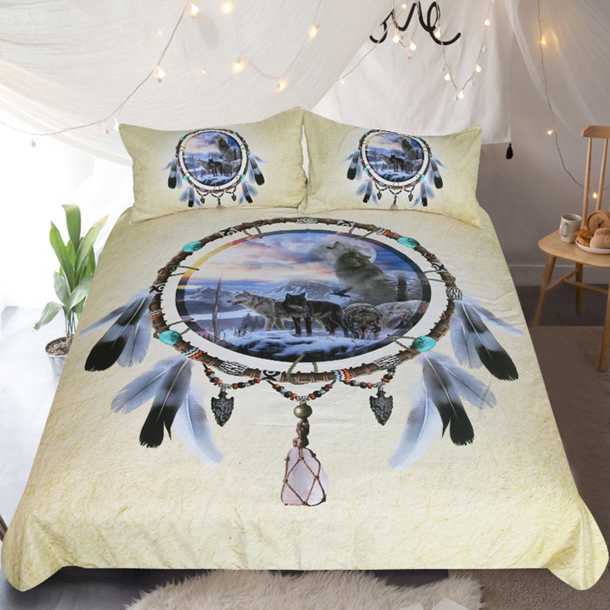 Sleepwish Wolf Print 3-Piece King Duvet Cover Set - Vintage Yellow Winter Wolves & Dream Catcher Design, Western Snow Wild Animals Theme | Cozy Bedroom Decor for Cabin, Lodge & Nature Lovers