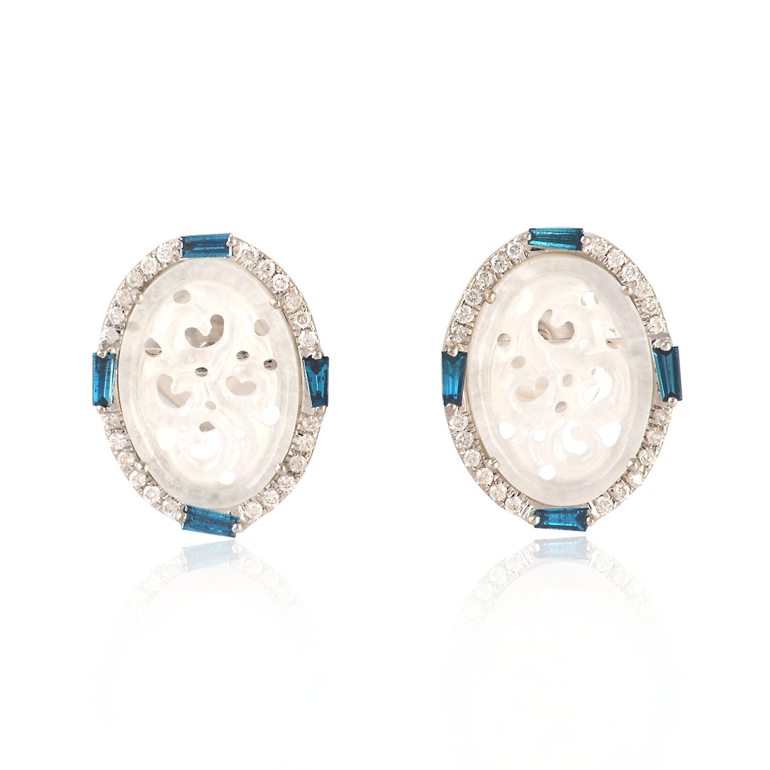 18K White Gold Carved Oval Jade & Baguette Diamond Stud Earrings for Women | Elegant Jewelry Gift for Anniversary, Birthday & Special Occasions
