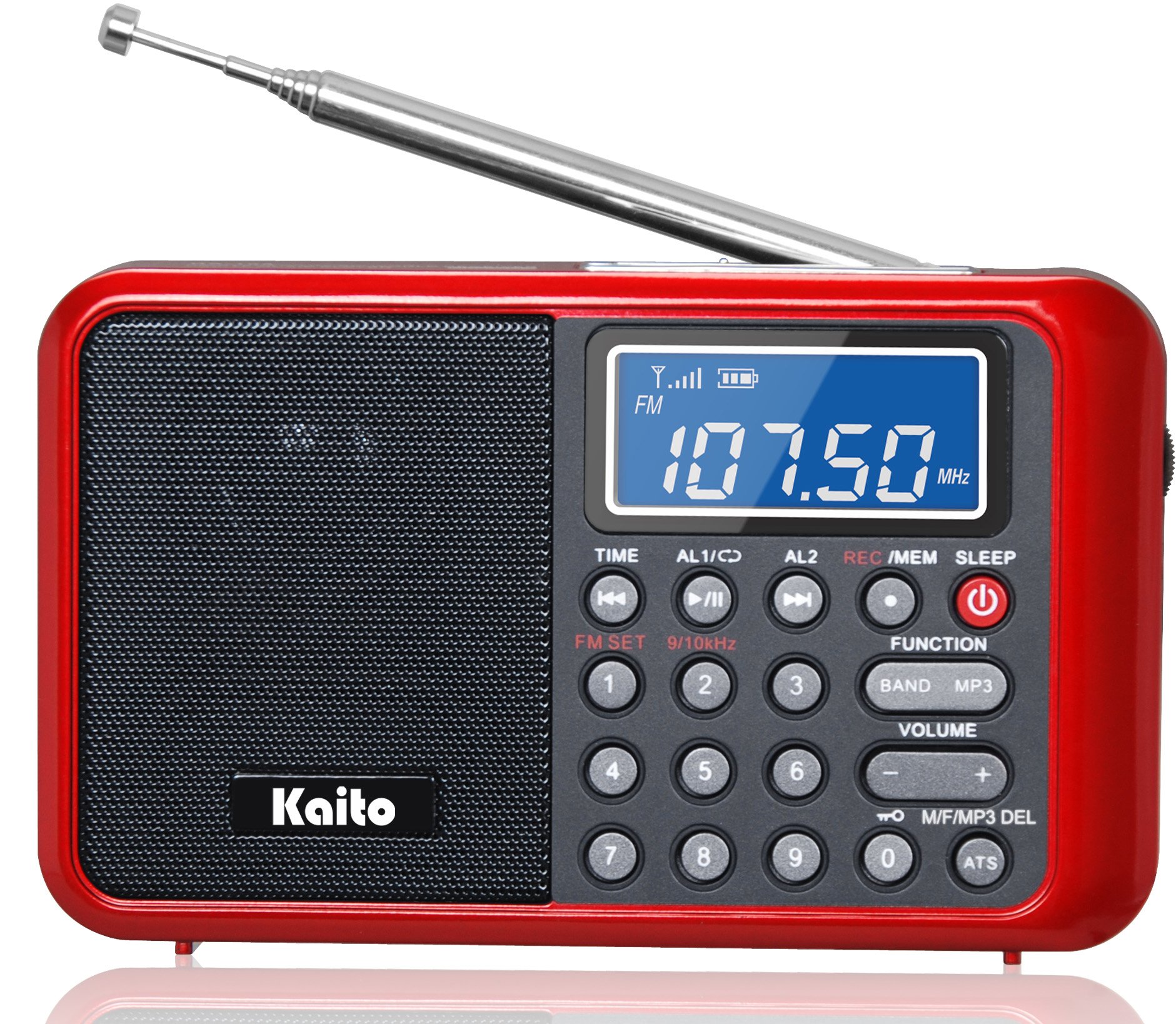 Kaito KA108 AM/FM/Shortwave Radio with MP3 Player, Recording Function, Alarm Clock - Portable Emergency Radio for Outdoor Camping, Travel & Power Outages (Red)
