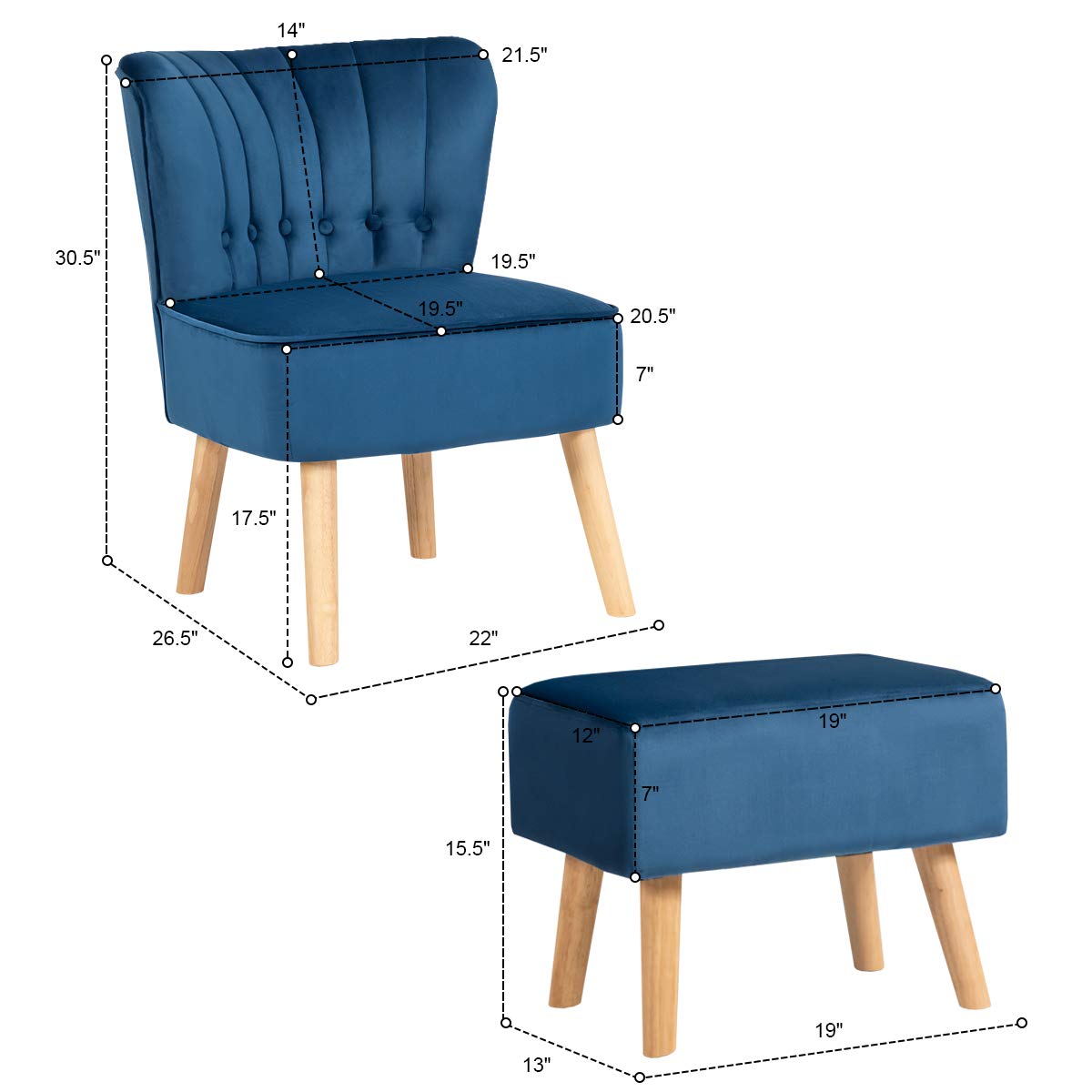 Giantex Modern Accent Chair and Ottoman Set - Velvet Upholstered Armless Slipper Sofa with Button Tufted Footstool, Single Chair for Living Room, Bedroom & Home Office - Blue | Perfect for Reading Nook, Lounge Area & Small Space Decor