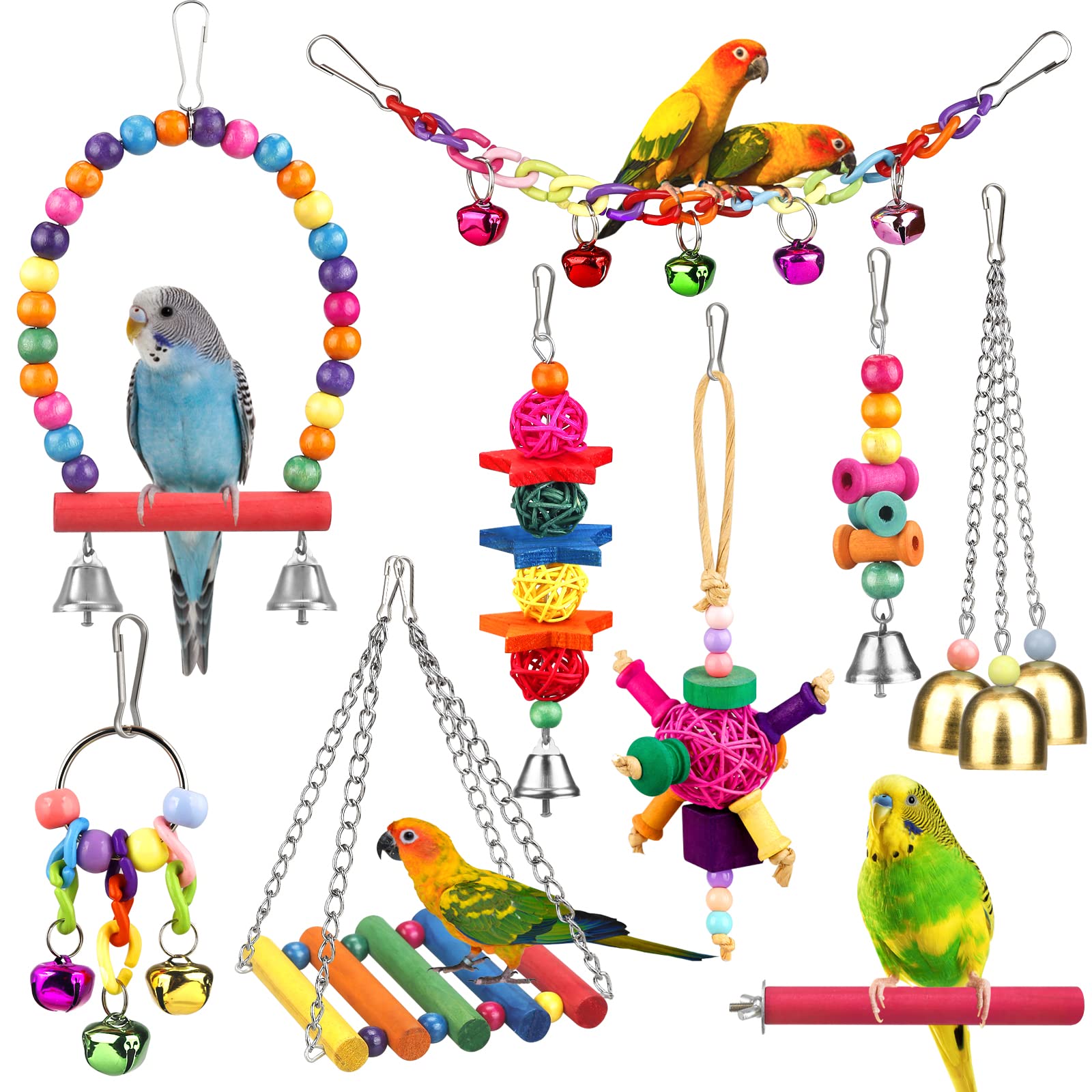 Colorful Bird Toys for Conures & Parrots - Ladder Hammock, Chewing Toys, Hanging Bell & Perch Stand for Bird Cage | Perfect for Parakeets, Cockatiels & Lovebirds | Fun Playtime & Cage Enrichment Accessories