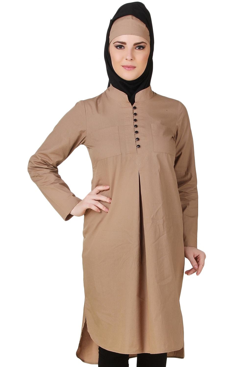 Afnan Cotton Khaki Tunic for Women - Soft Casual Long Shirt Top with Side Slits | Perfect for Work, Travel & Everyday Wear