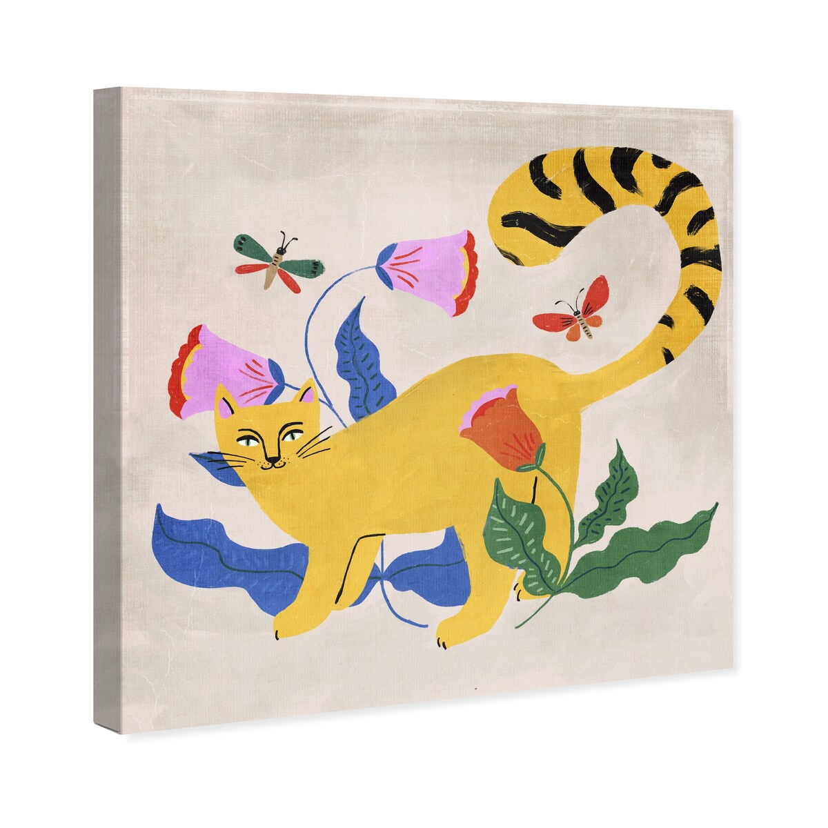 Blonde Tabby Floral Kitten Butterfly Garden Modern Yellow Canvas Wall Art Print - Vibrant Home Decor for Bedroom, Living Room & Nursery