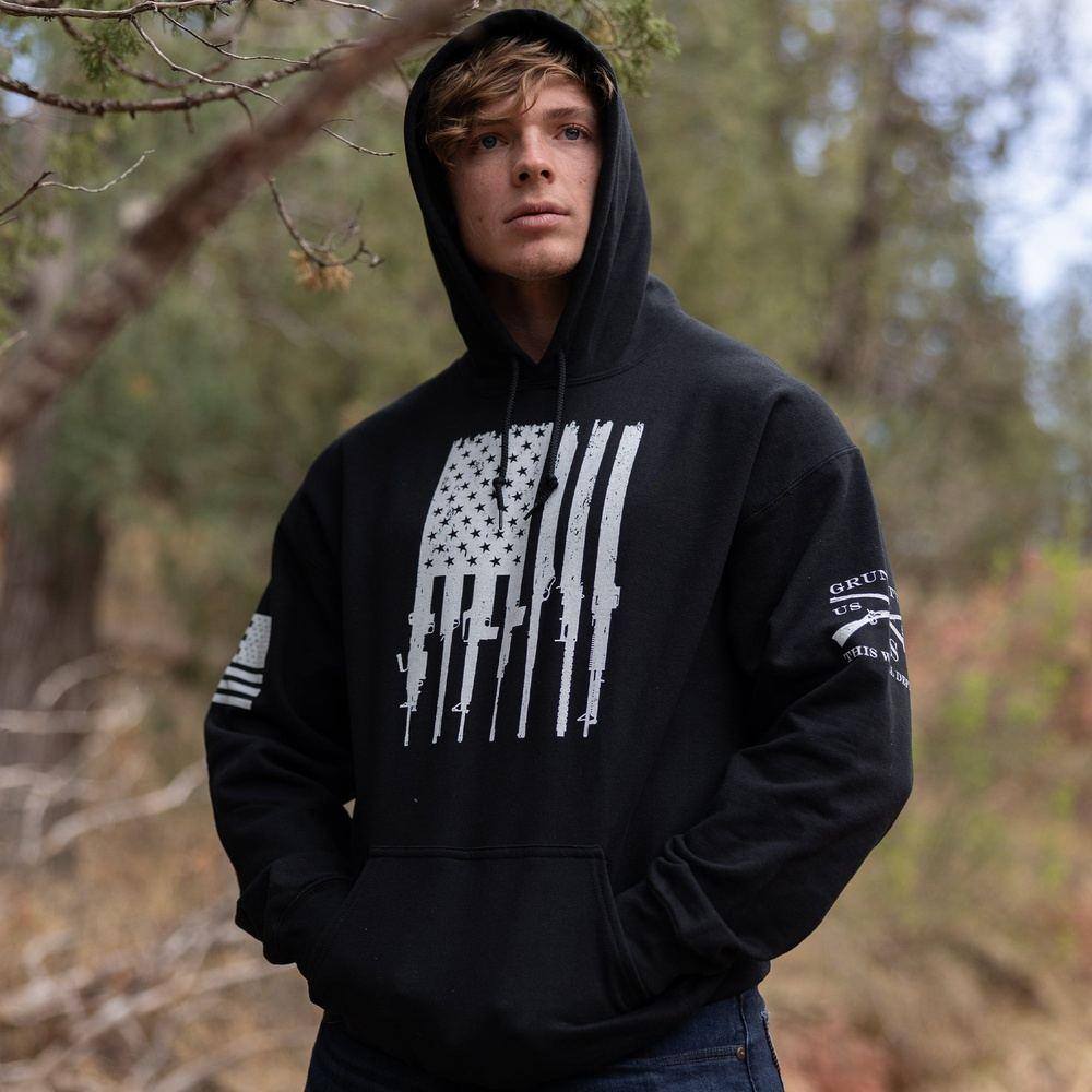 Rifle Flag Hoodie 2.0 - Patriotic American Flag Pullover Sweatshirt for Men & Women | Perfect for Outdoor Activities, Shooting Range & Casual Wear
