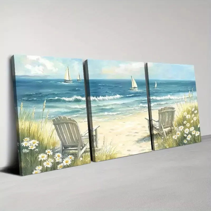 3-Piece Abstract Beach & Ocean Waves with Floral Wall Art Set - Framed Canvas 40x60cm | High Quality Print | 100% Australian Made | Ready to Hang | Perfect for Living Room, Bedroom & Beach House Decor